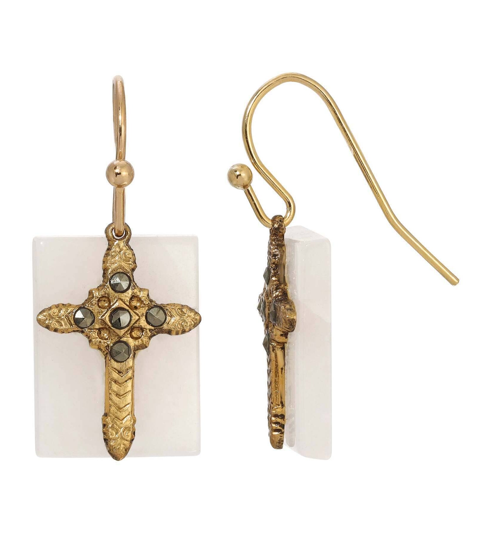 Symbols Of Faith Rectangular Gemstone Marcasite Stone Cross Drop Earrings