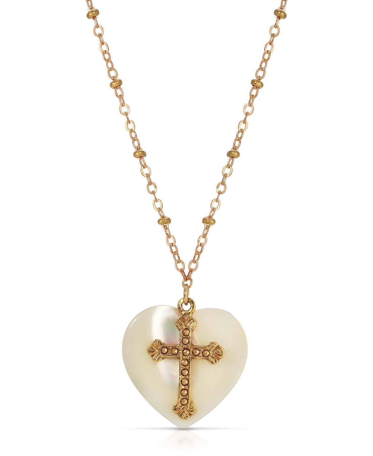 Symbols Of Faith Mother Of Pearl Heart & Cross Pendant Necklace 16" + 3" Extender