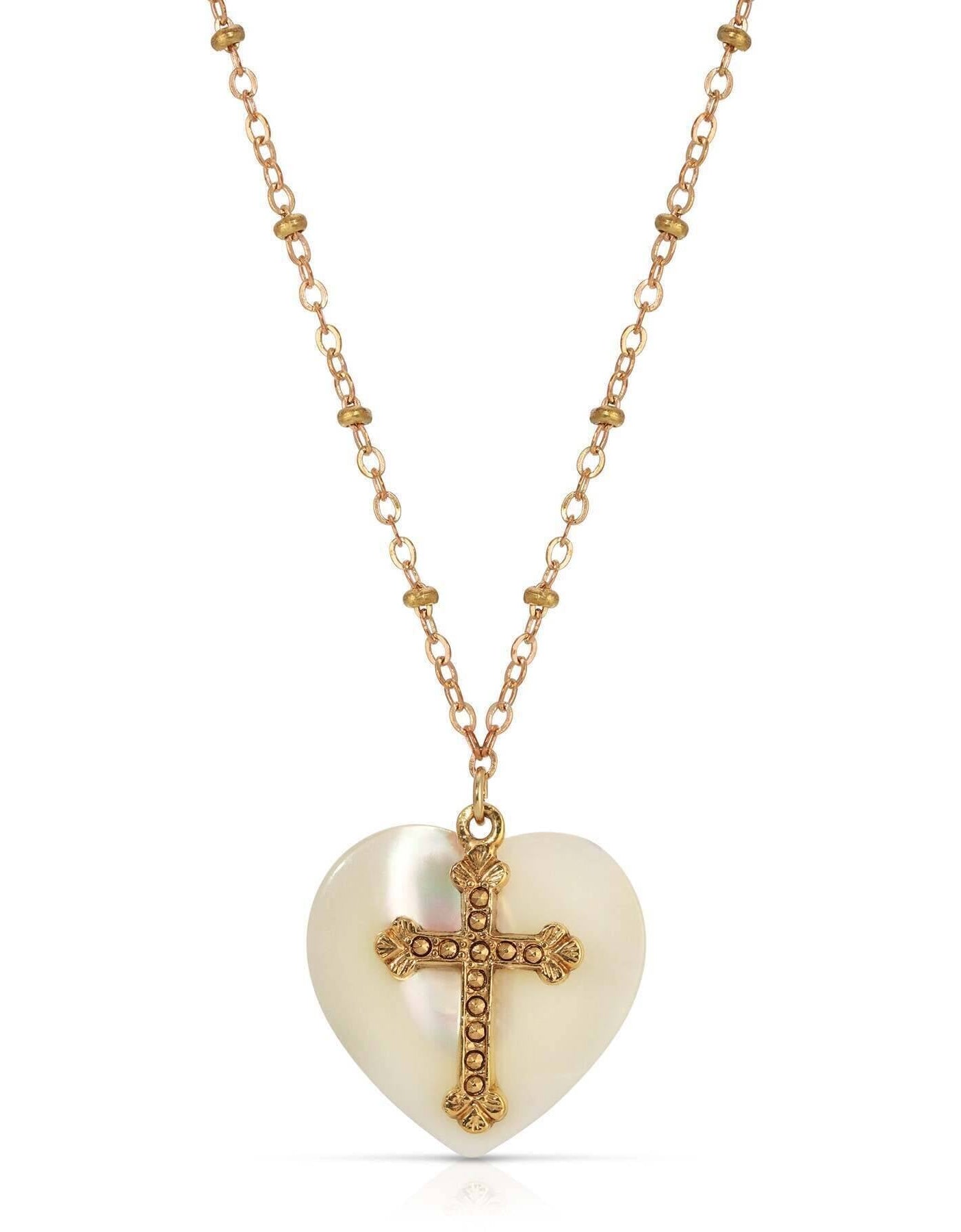 Symbols Of Faith Mother Of Pearl Heart & Cross Pendant Necklace 16" + 3" Extender