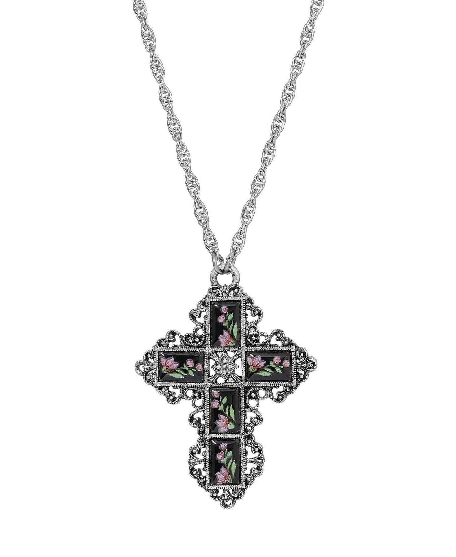 Symbols Of Faith Filigree Cross Pink Floral Enamel Stone Pendant Necklace 28"