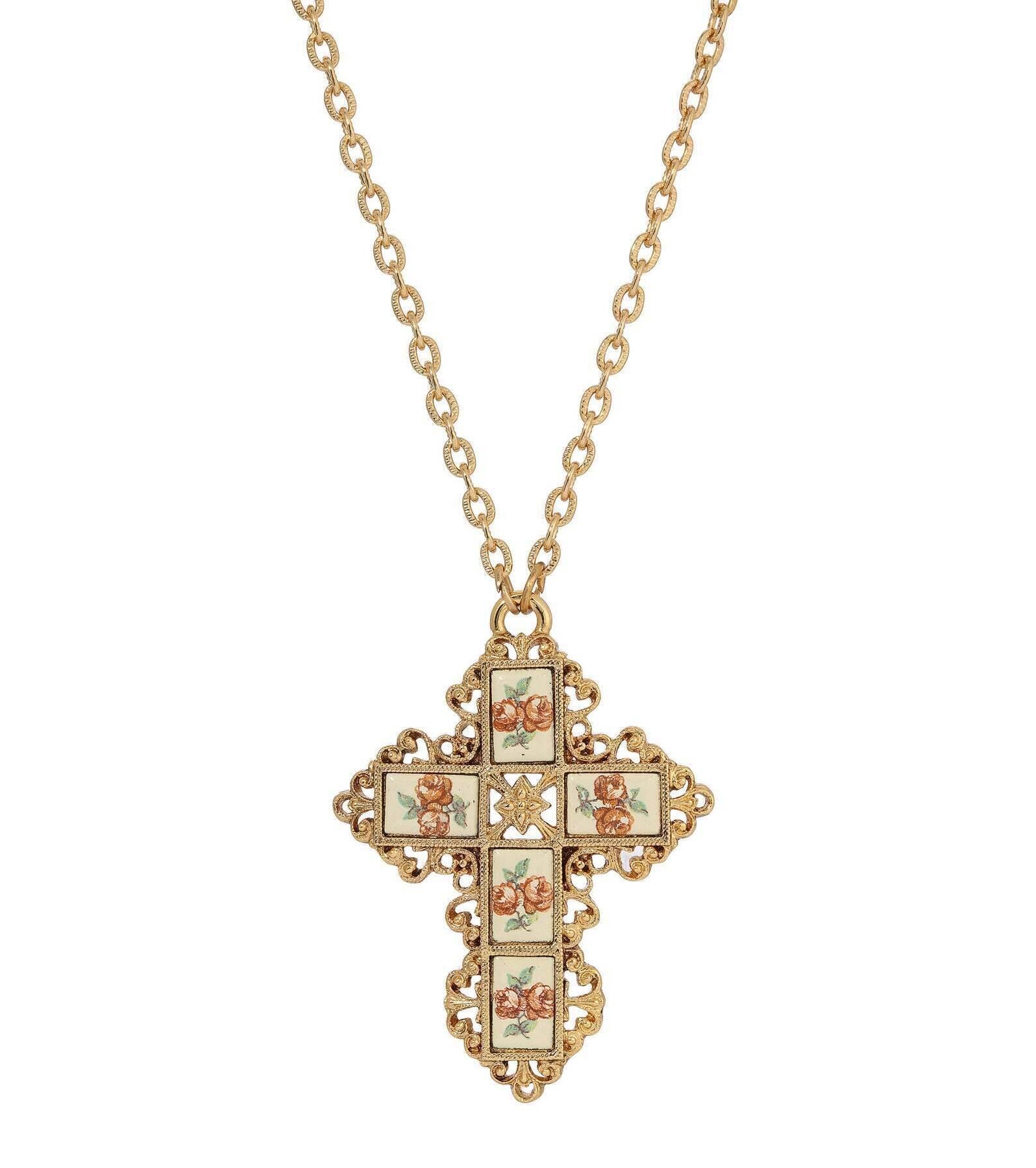 Symbols Of Faith Filigree Cross Floral Enamel Stone Pendant Necklace 28"