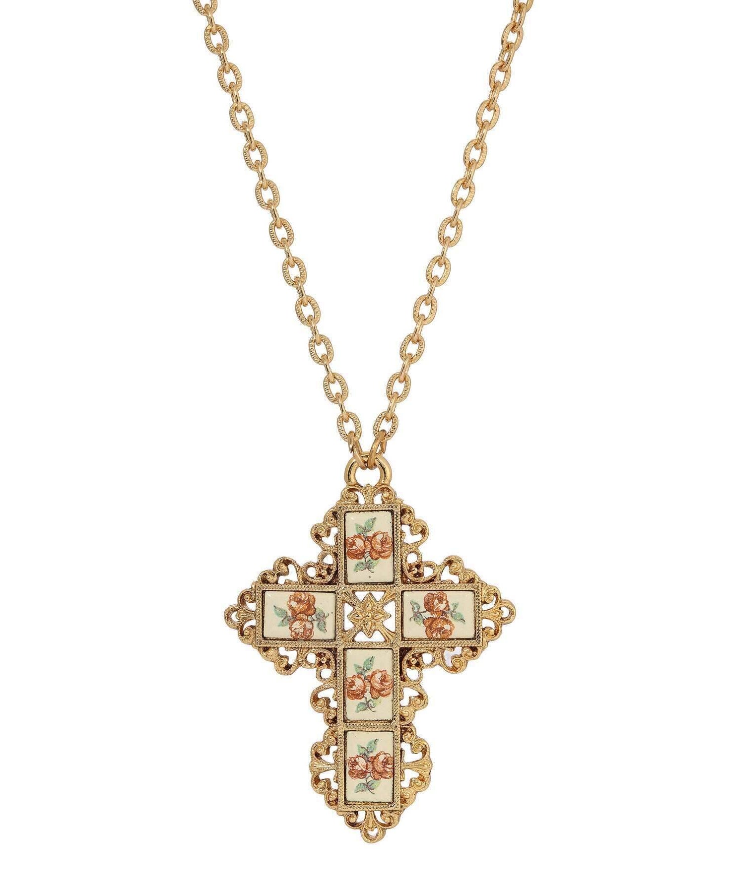 Symbols Of Faith Filigree Cross Floral Enamel Stone Pendant Necklace 28"