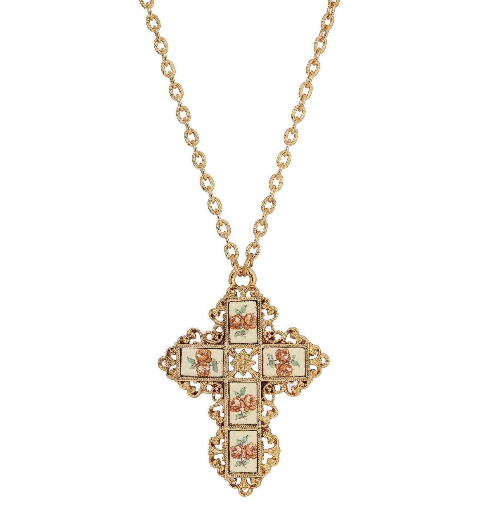 Symbols Of Faith Filigree Cross Floral Enamel Stone Pendant Necklace 28"