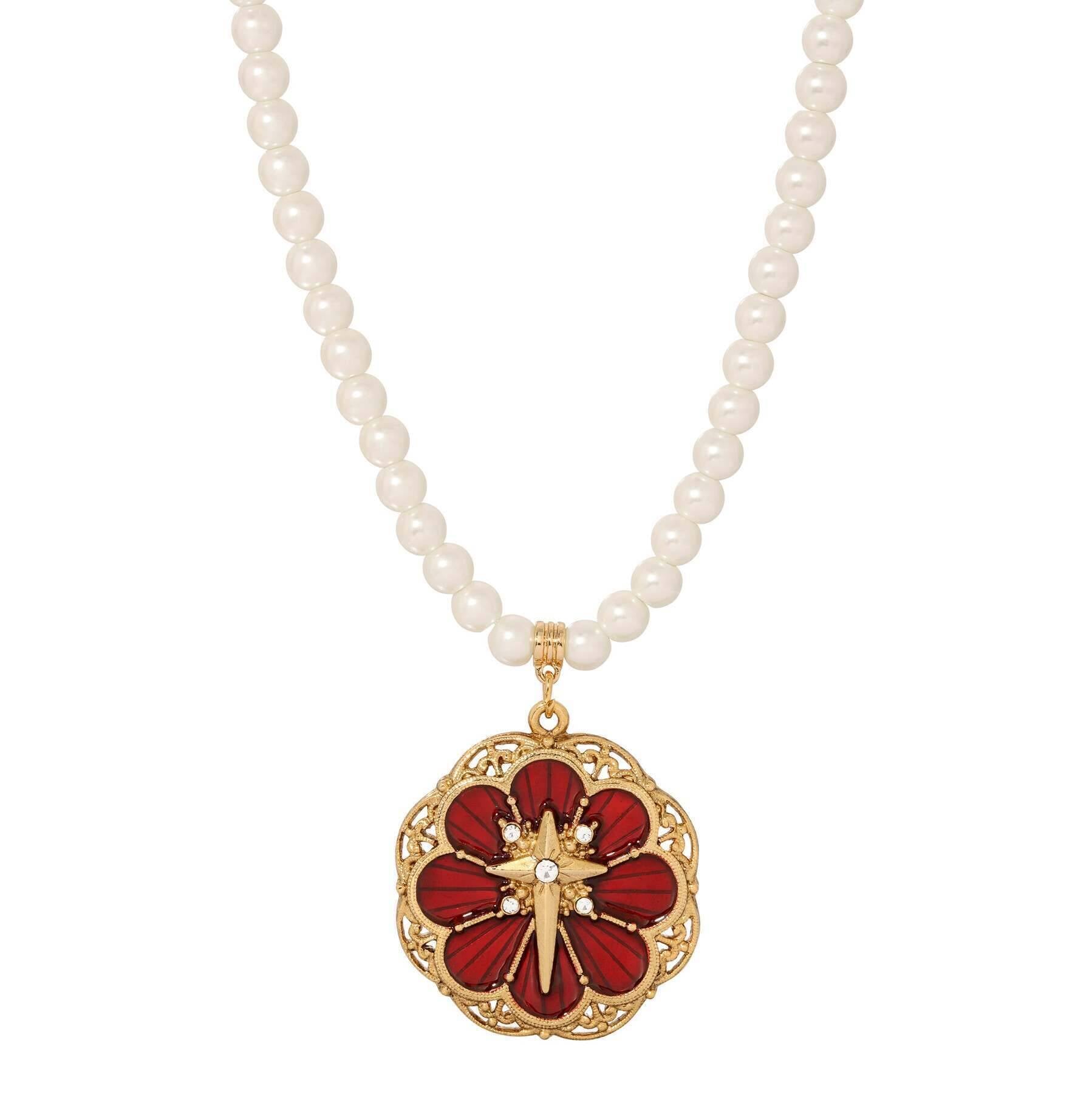 Symbols Of Faith 6mm Star Of Bethlehem Faux Pearl Strand Rose And Cross Pendant Necklace 15" + 3" Extender