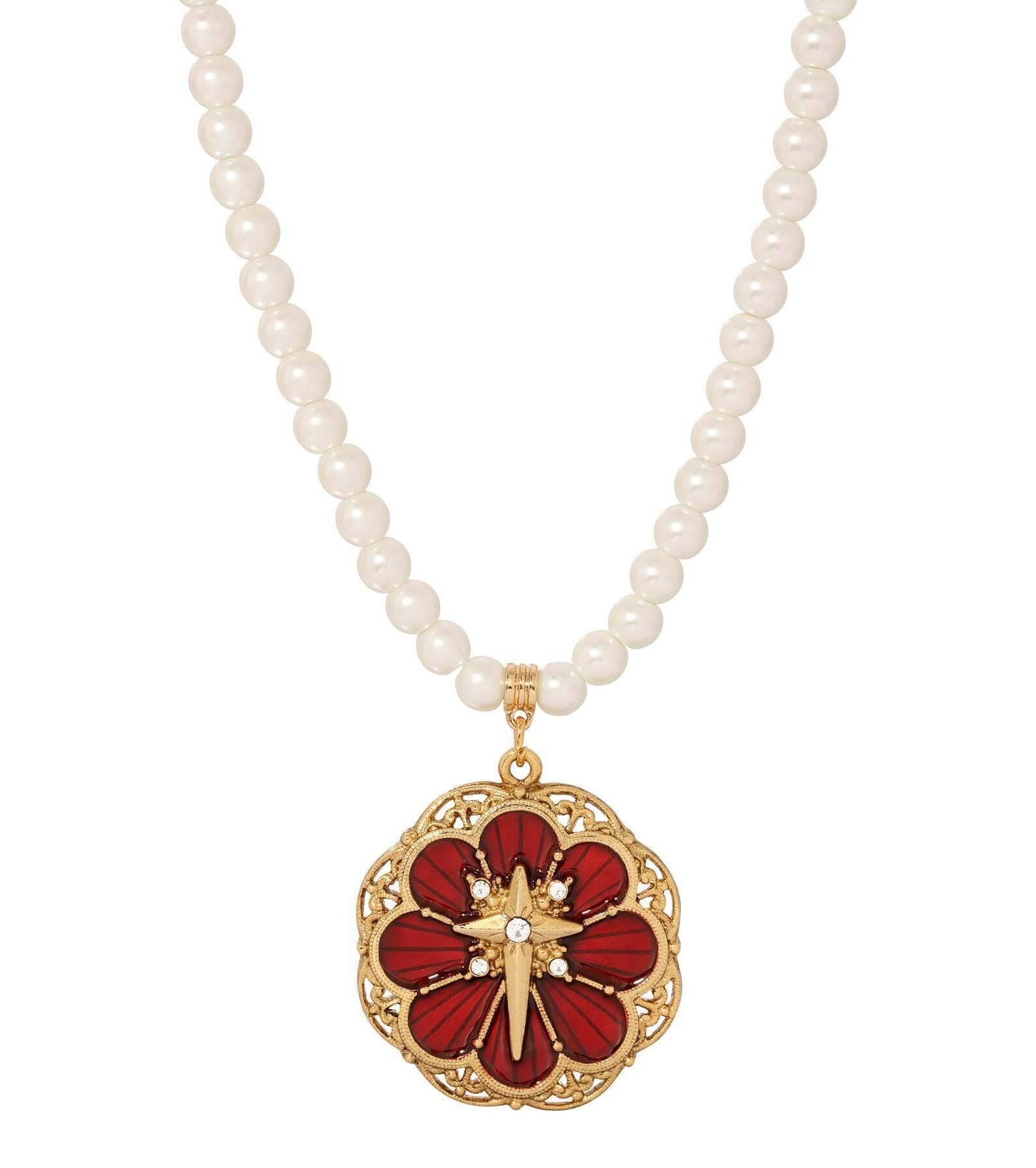 Symbols Of Faith 6mm Star Of Bethlehem Faux Pearl Strand Rose And Cross Pendant Necklace 15" + 3" Extender
