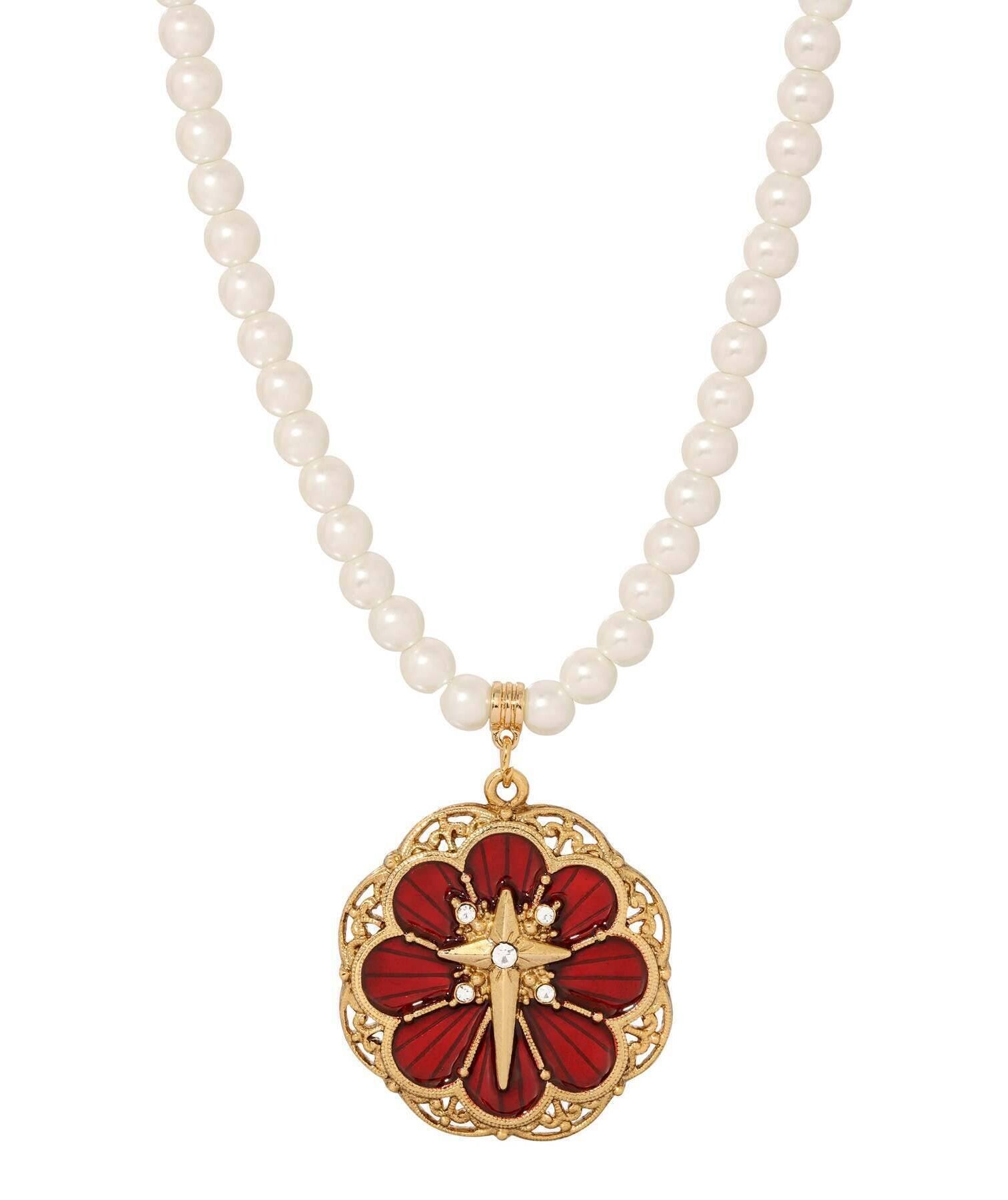 Symbols Of Faith 6mm Star Of Bethlehem Faux Pearl Strand Rose And Cross Pendant Necklace 15" + 3" Extender