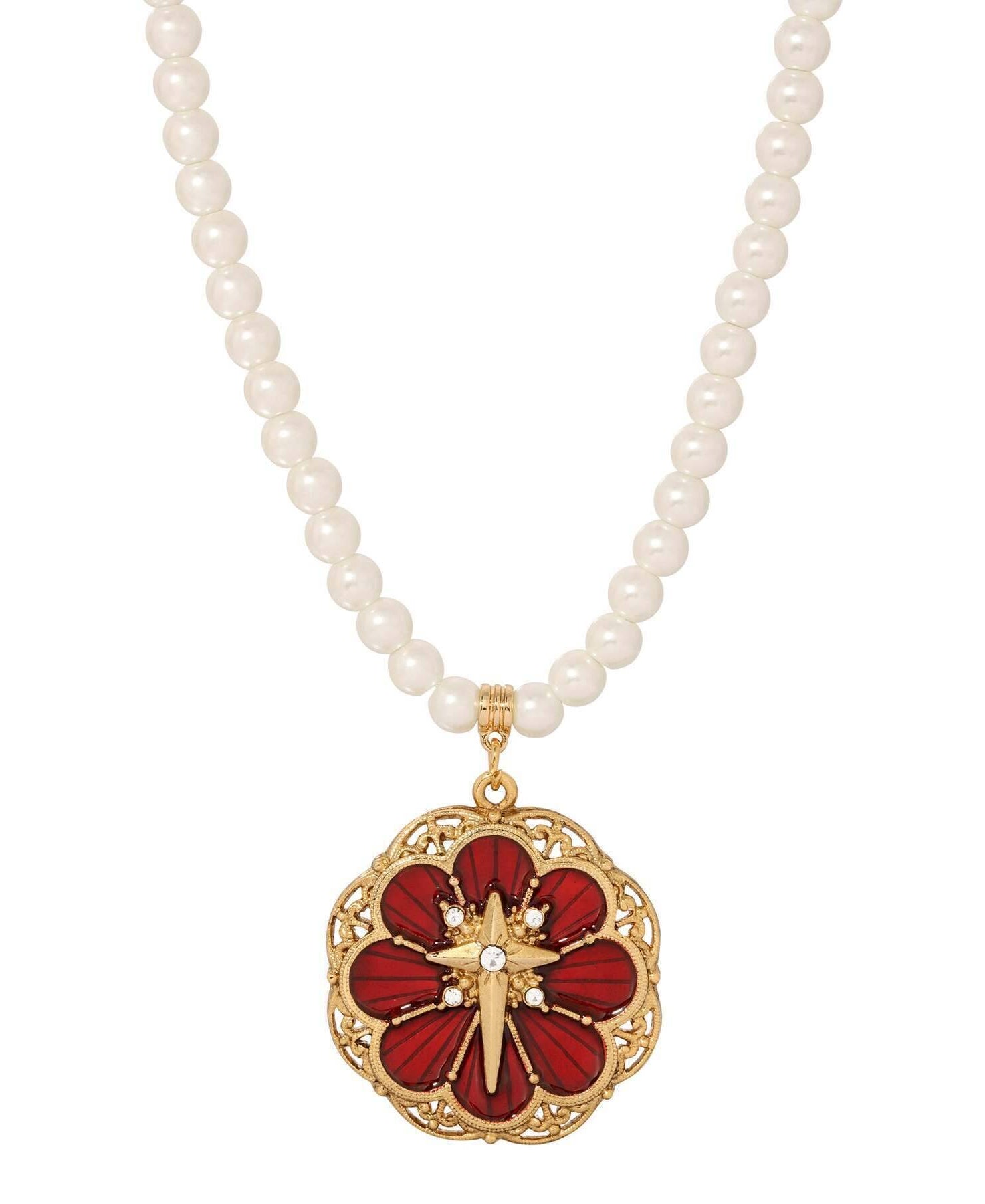 Symbols Of Faith 6mm Star Of Bethlehem Faux Pearl Strand Rose And Cross Pendant Necklace 15" + 3" Extender
