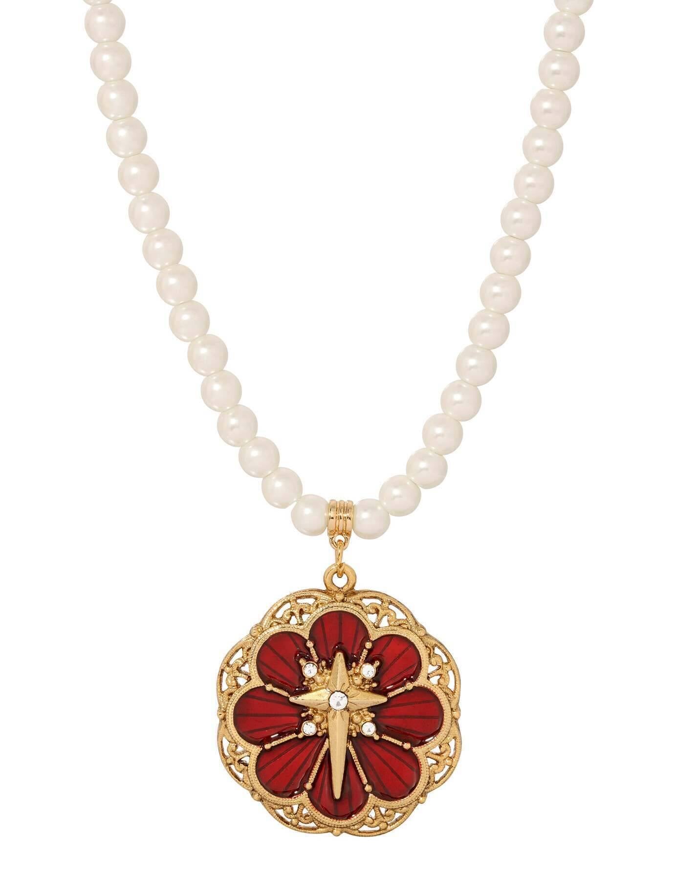 Symbols Of Faith 6mm Star Of Bethlehem Faux Pearl Strand Rose And Cross Pendant Necklace 15" + 3" Extender