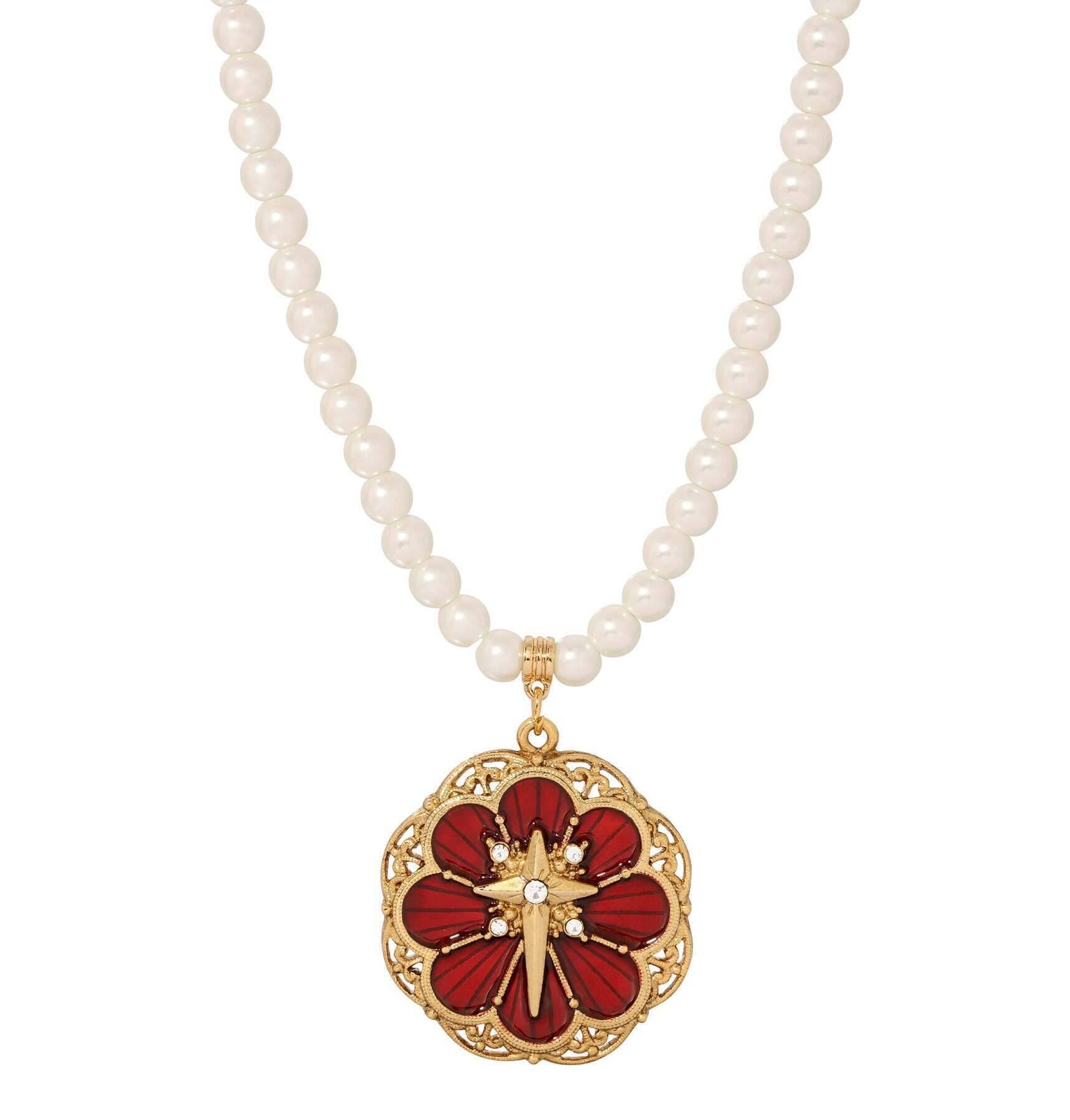 Symbols Of Faith 6mm Star Of Bethlehem Faux Pearl Strand Rose And Cross Pendant Necklace 15" + 3" Extender