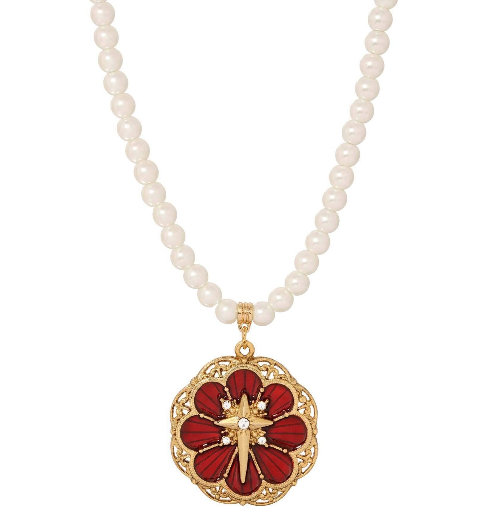 Symbols Of Faith 6mm Star Of Bethlehem Faux Pearl Strand Rose And Cross Pendant Necklace 15" + 3" Extender