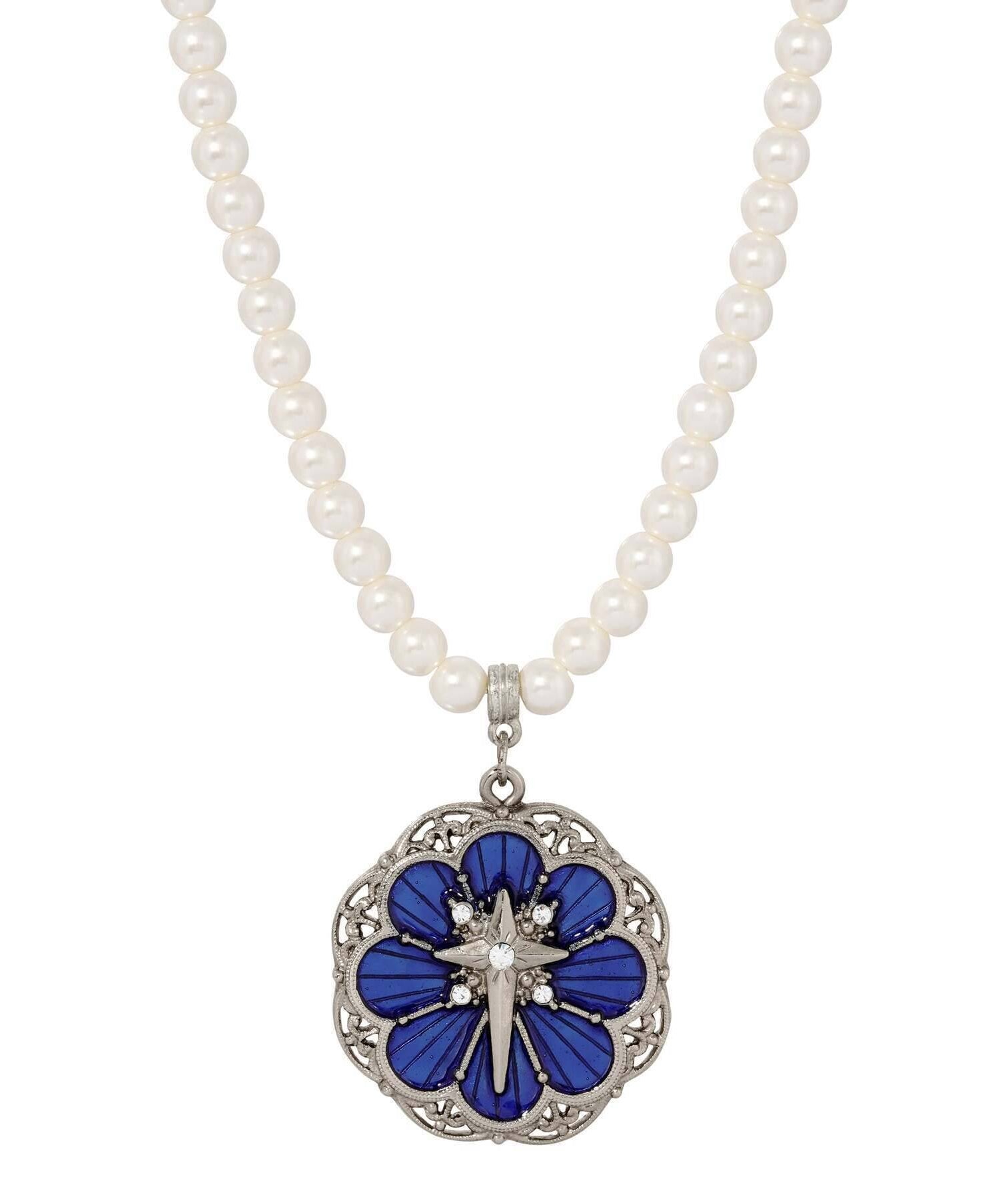Symbols Of Faith 6mm Star Of Bethlehem Faux Pearl Strand Rose And Cross Pendant Necklace 15" + 3" Extender