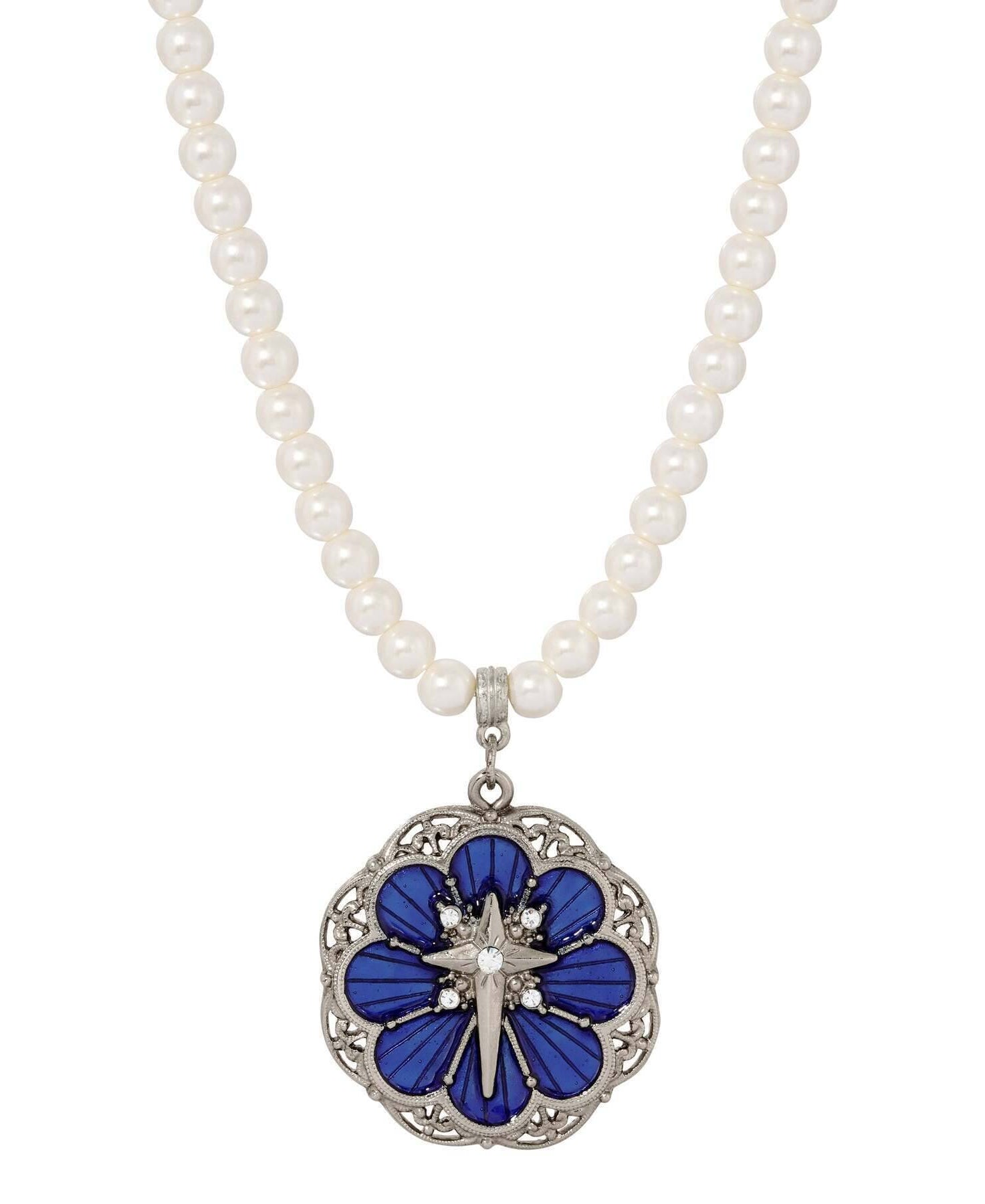 Symbols Of Faith 6mm Star Of Bethlehem Faux Pearl Strand Rose And Cross Pendant Necklace 15" + 3" Extender