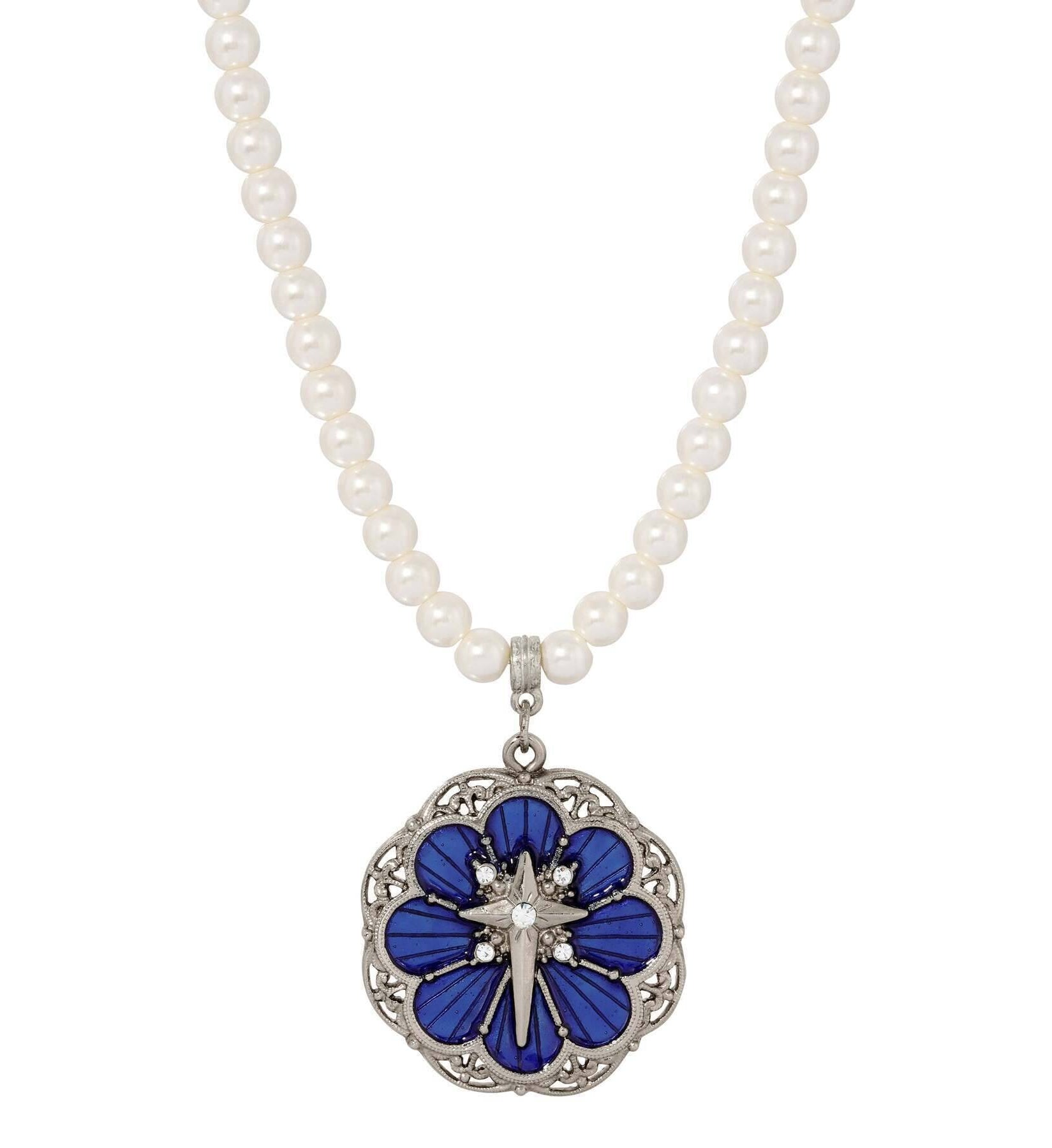Symbols Of Faith 6mm Star Of Bethlehem Faux Pearl Strand Rose And Cross Pendant Necklace 15" + 3" Extender