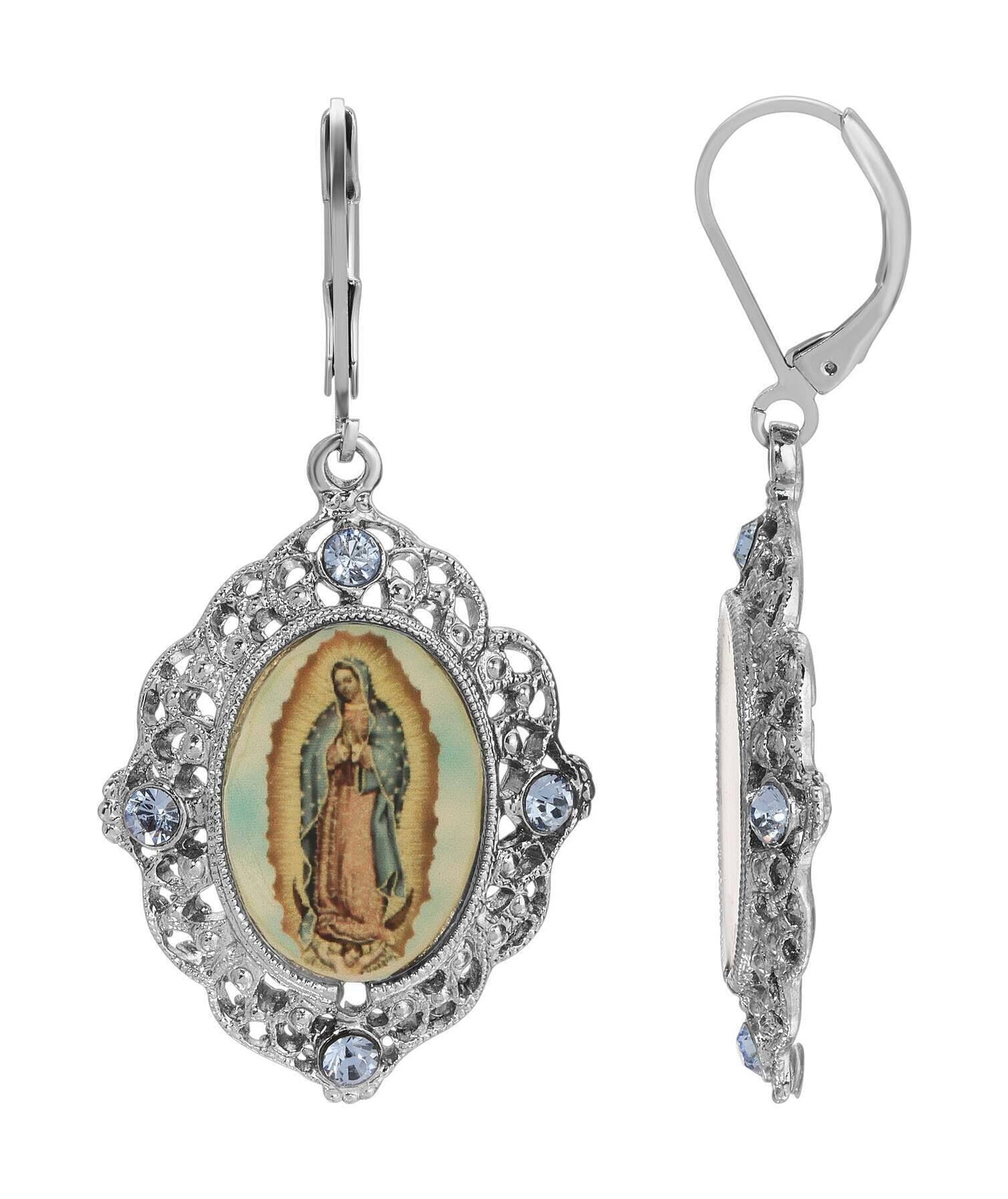 Symbols Of Faith Light Sapphire Blue Crystal Our Lady Of Guadalupe Drop Earrings