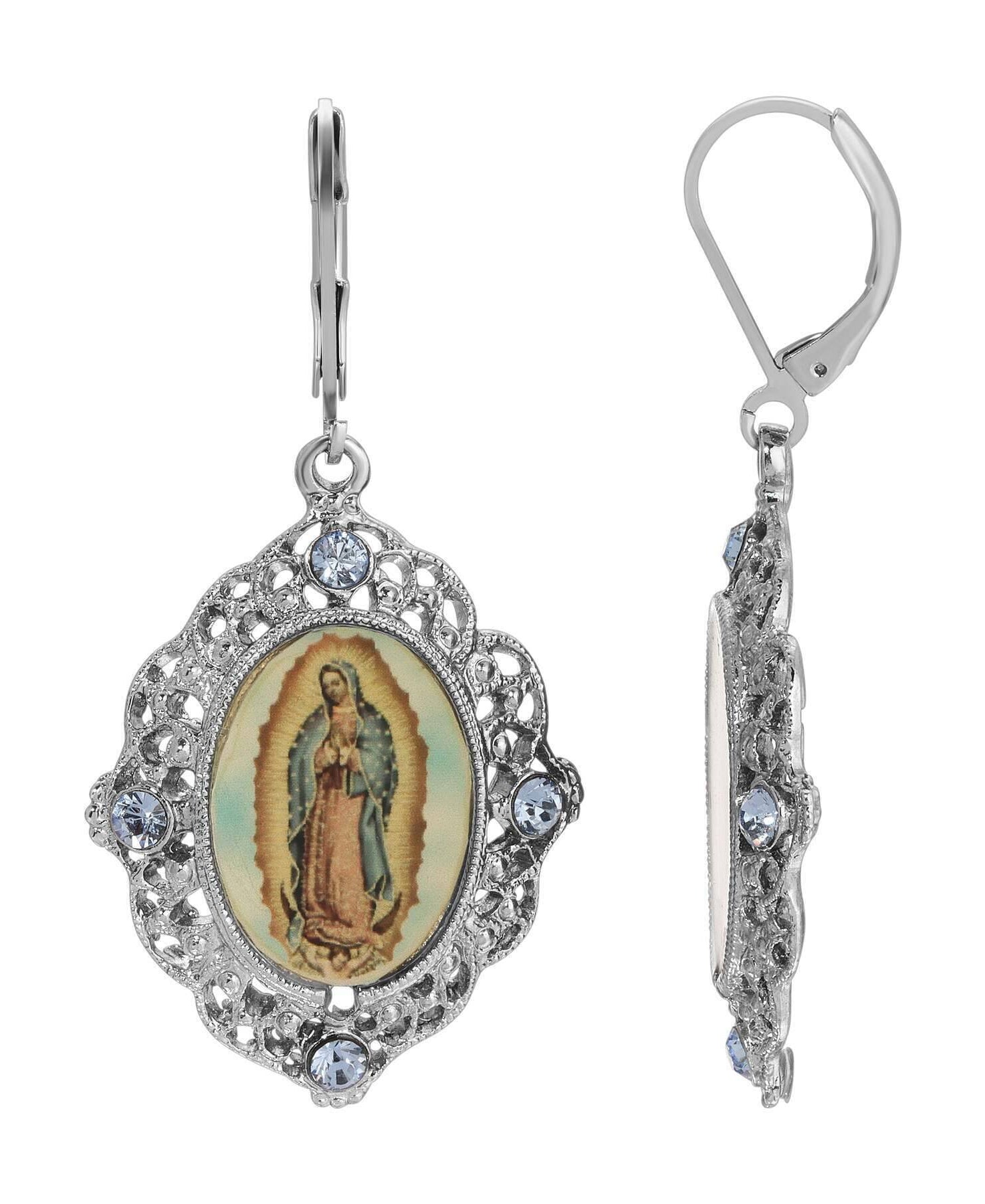 Symbols Of Faith Light Sapphire Blue Crystal Our Lady Of Guadalupe Drop Earrings