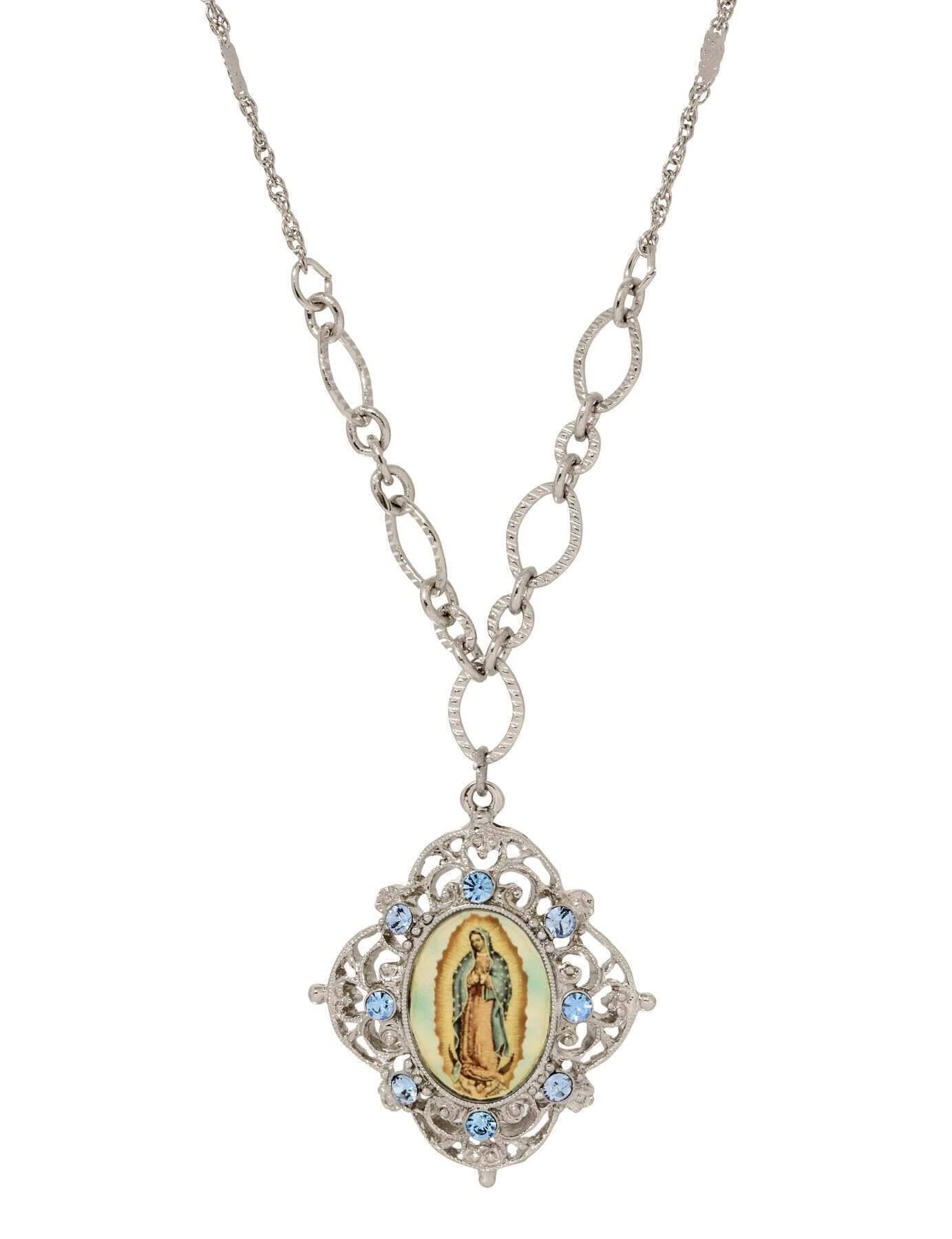 Symbols Of Faith Light Sapphire Blue Crystal Our Lady Of Guadalupe Pendant Necklace 18"L