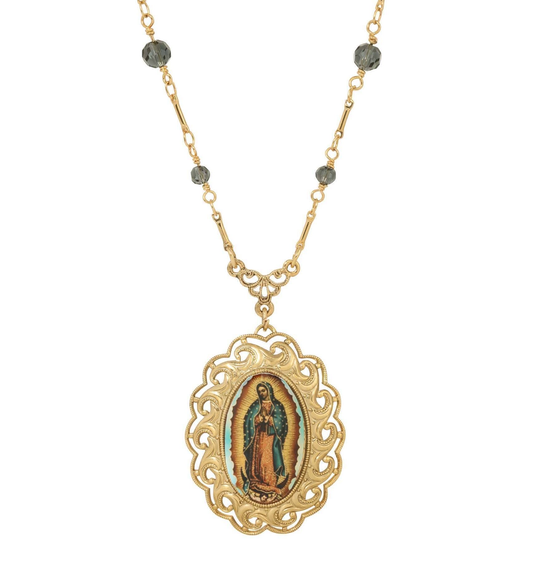Symbols Of Faith Our Lady Of Guadalupe Radiant Pendant Blue Bead Necklace 20"