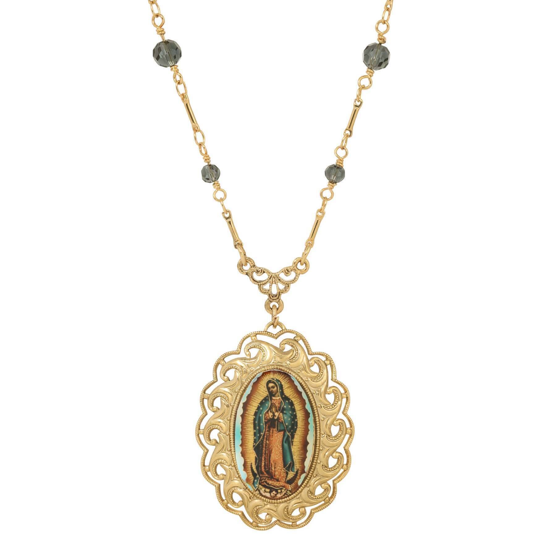 Symbols Of Faith Our Lady Of Guadalupe Radiant Pendant Blue Bead Necklace 20"