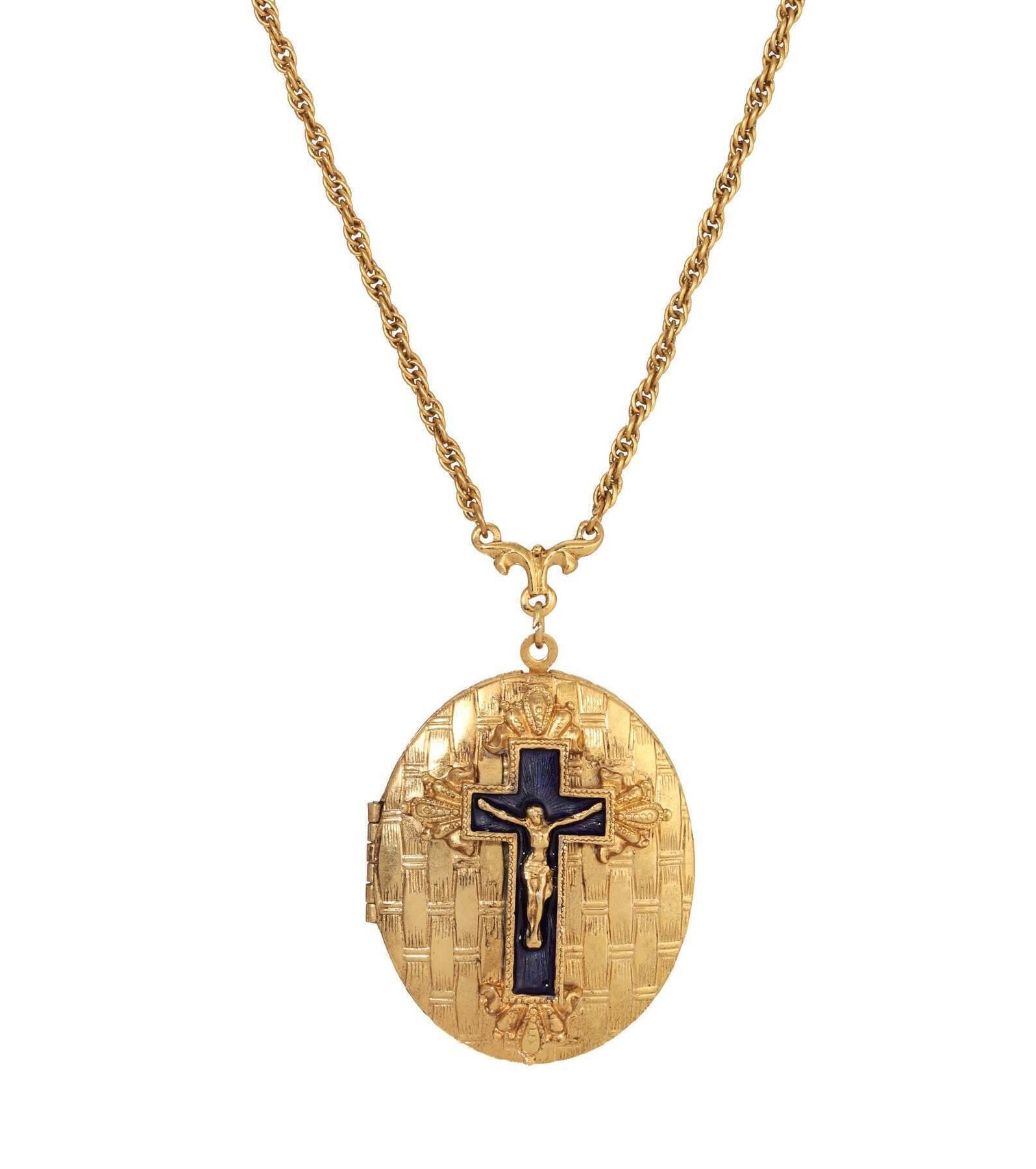 Symbols Of Faith Blue Enamel Cross Textured Oval Locket Necklace 28"L