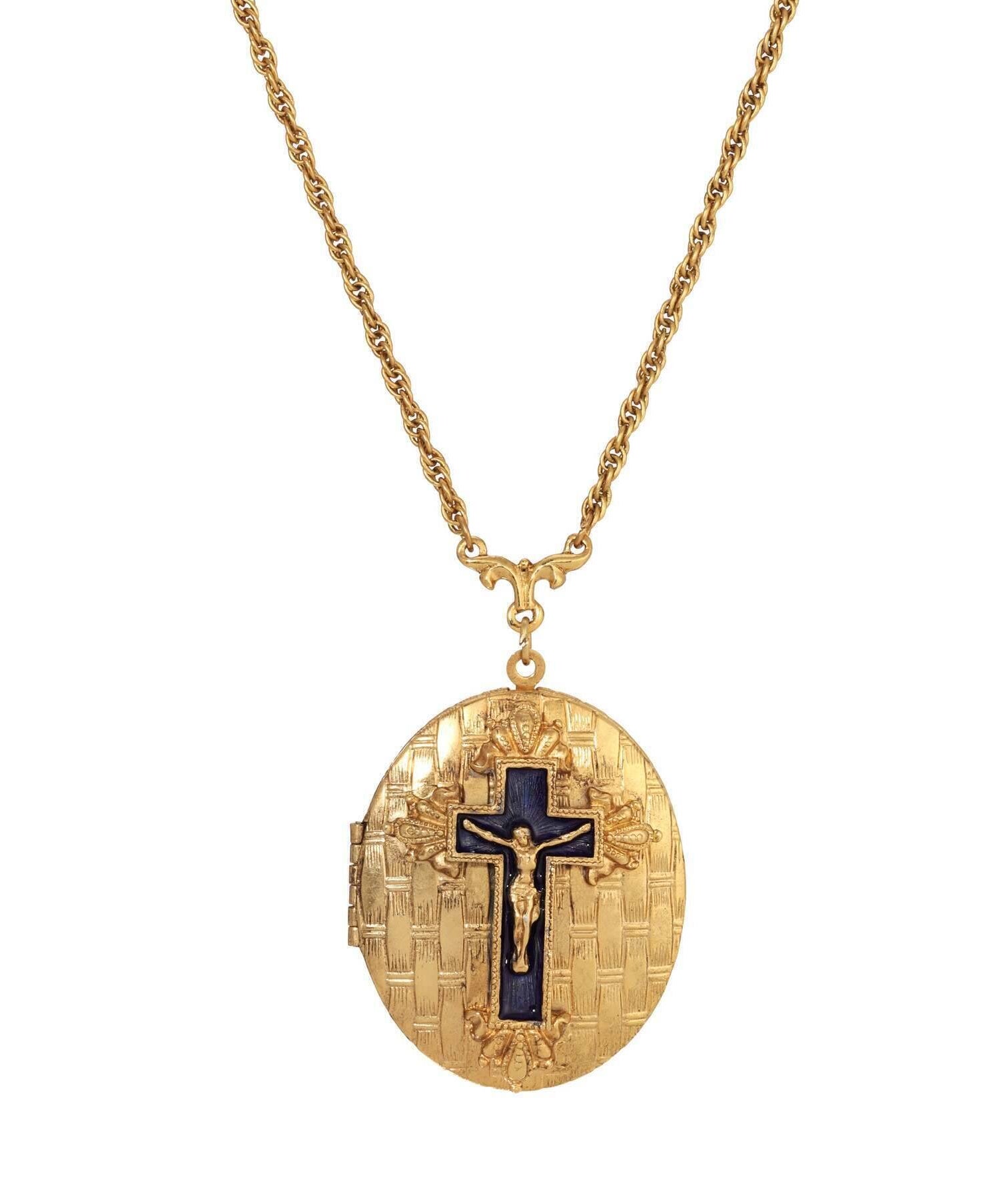 Symbols Of Faith Blue Enamel Cross Textured Oval Locket Necklace 28"L