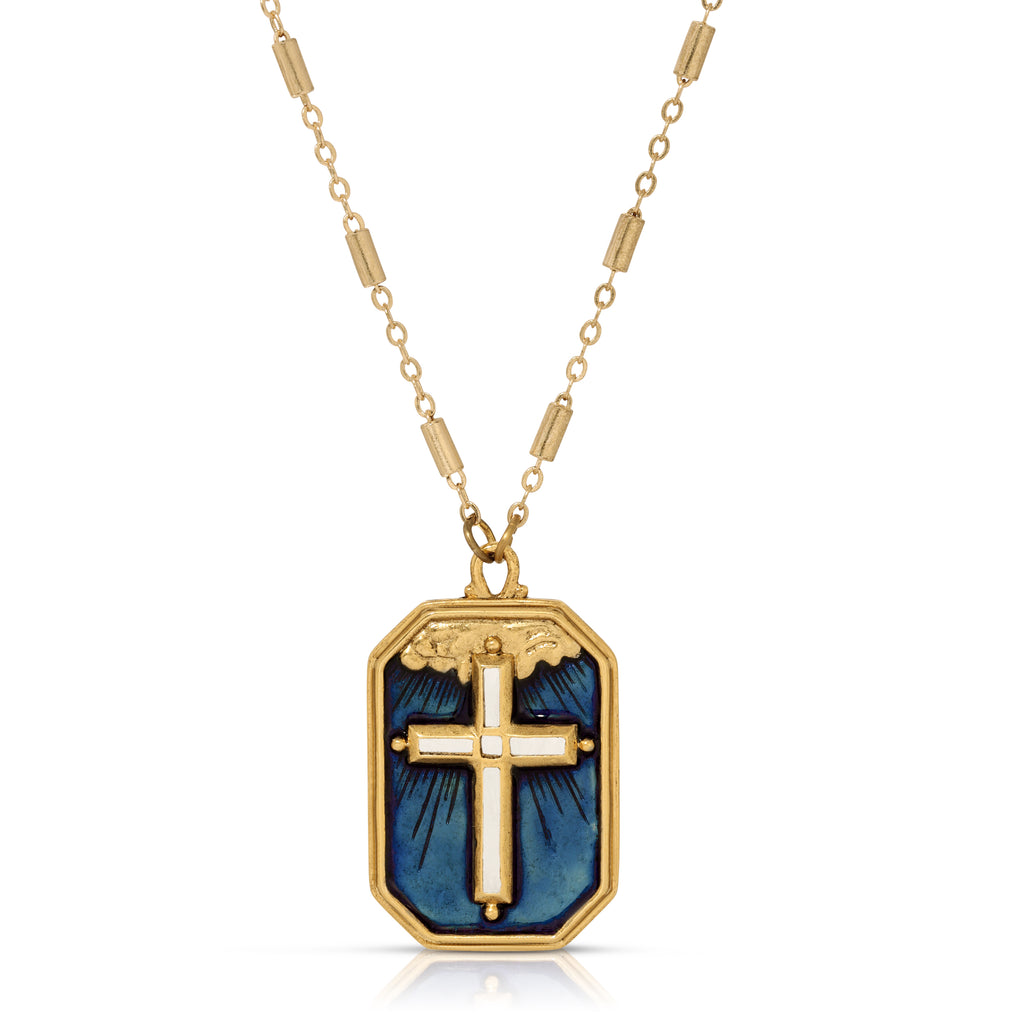 Radiant Cross In The Blue Sky Enamel Pendant Necklace 24"