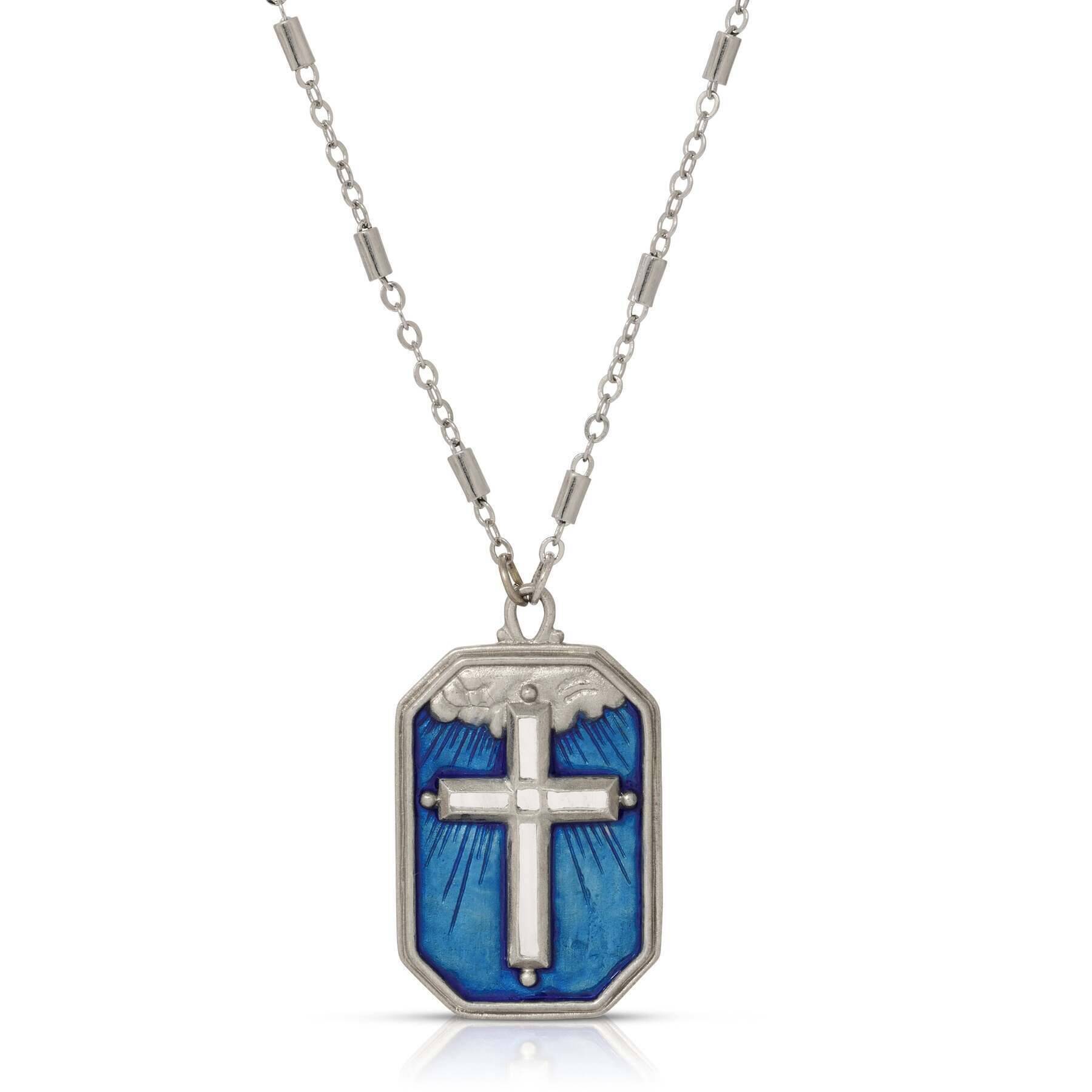 Symbols Of Faith Radiant Cross In The Blue Sky Enamel Pendant Necklace 24"