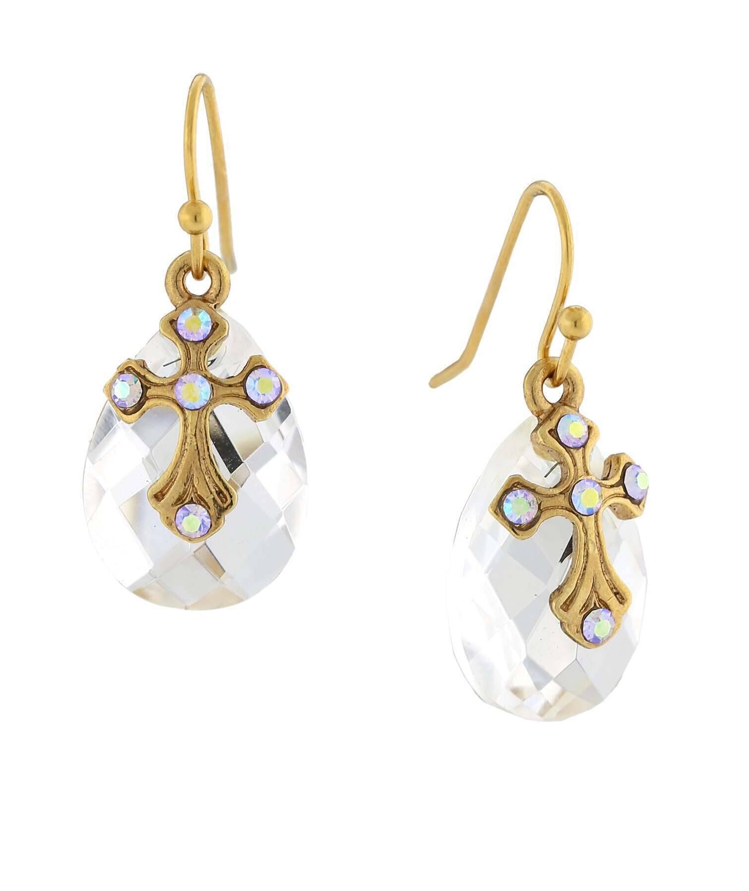 Symbols of Faith Crystal Ab Briolette Cross Drop Earrings