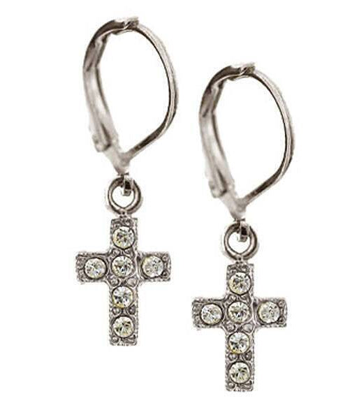Symbols Of Faith AB Crystal Cross Lever Back Drop Earrings