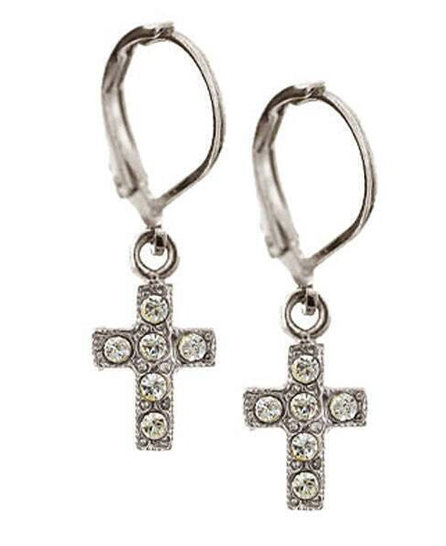 Symbols Of Faith AB Crystal Cross Lever Back Drop Earrings