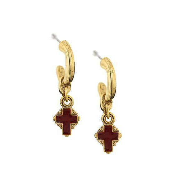 Symbols of Faith Hoops With Red Enamel Cross Drop Earrings