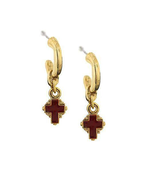 Symbols of Faith Hoops With Red Enamel Cross Drop Earrings