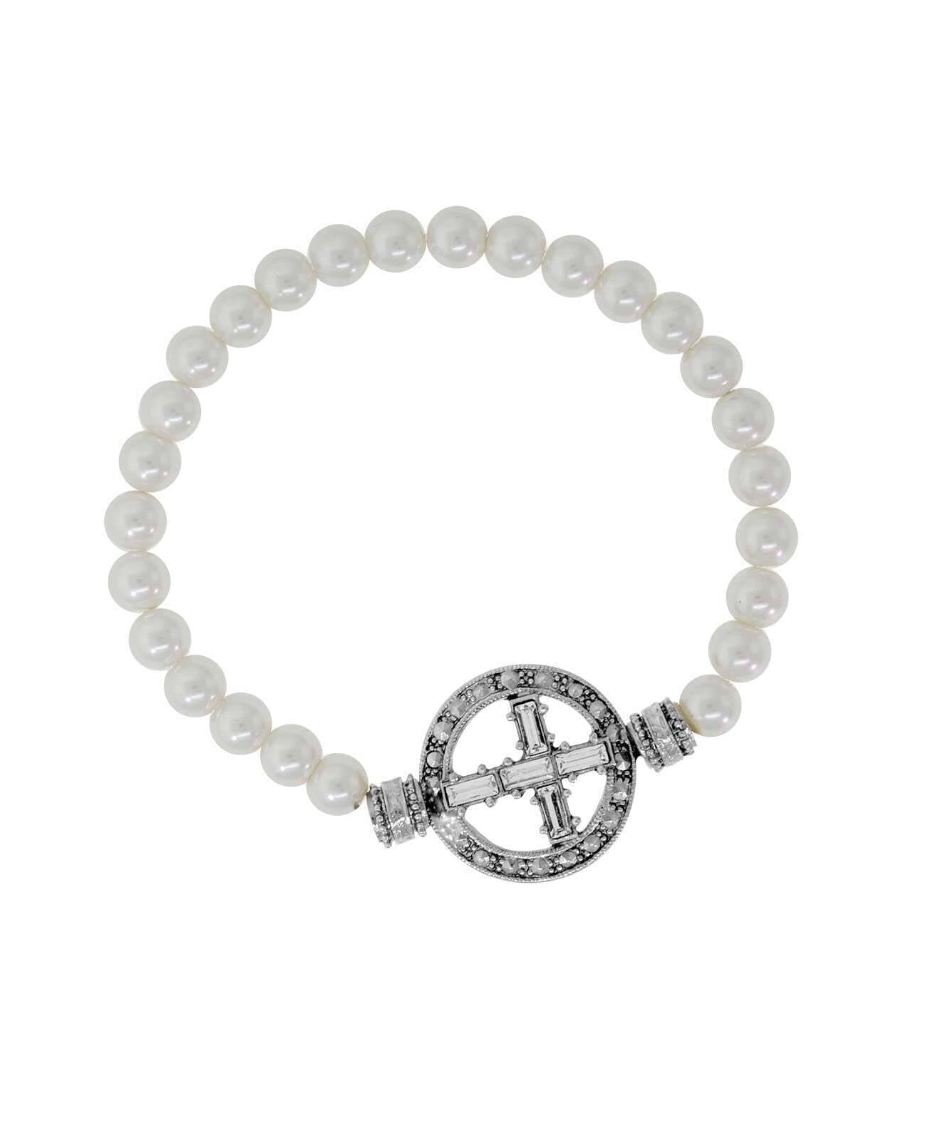 Symbols Of Faith Pewter Crystal Cross Faux Pearl Stretch Bracelet