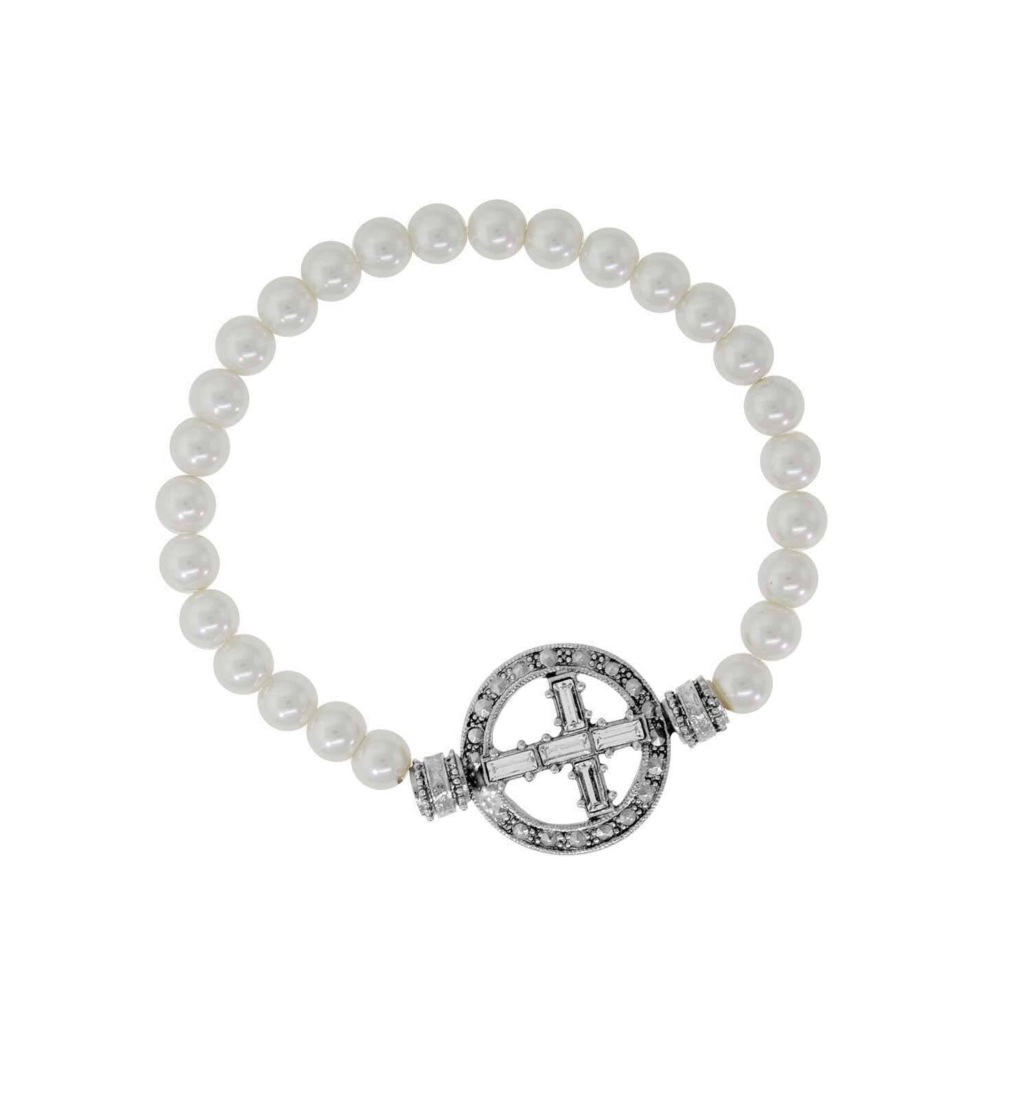 Symbols Of Faith Pewter Crystal Cross Faux Pearl Stretch Bracelet