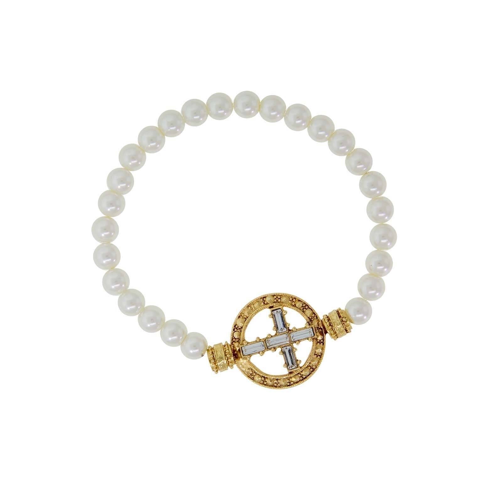 Symbols Of Faith Pewter Crystal Cross Faux Pearl Stretch Bracelet