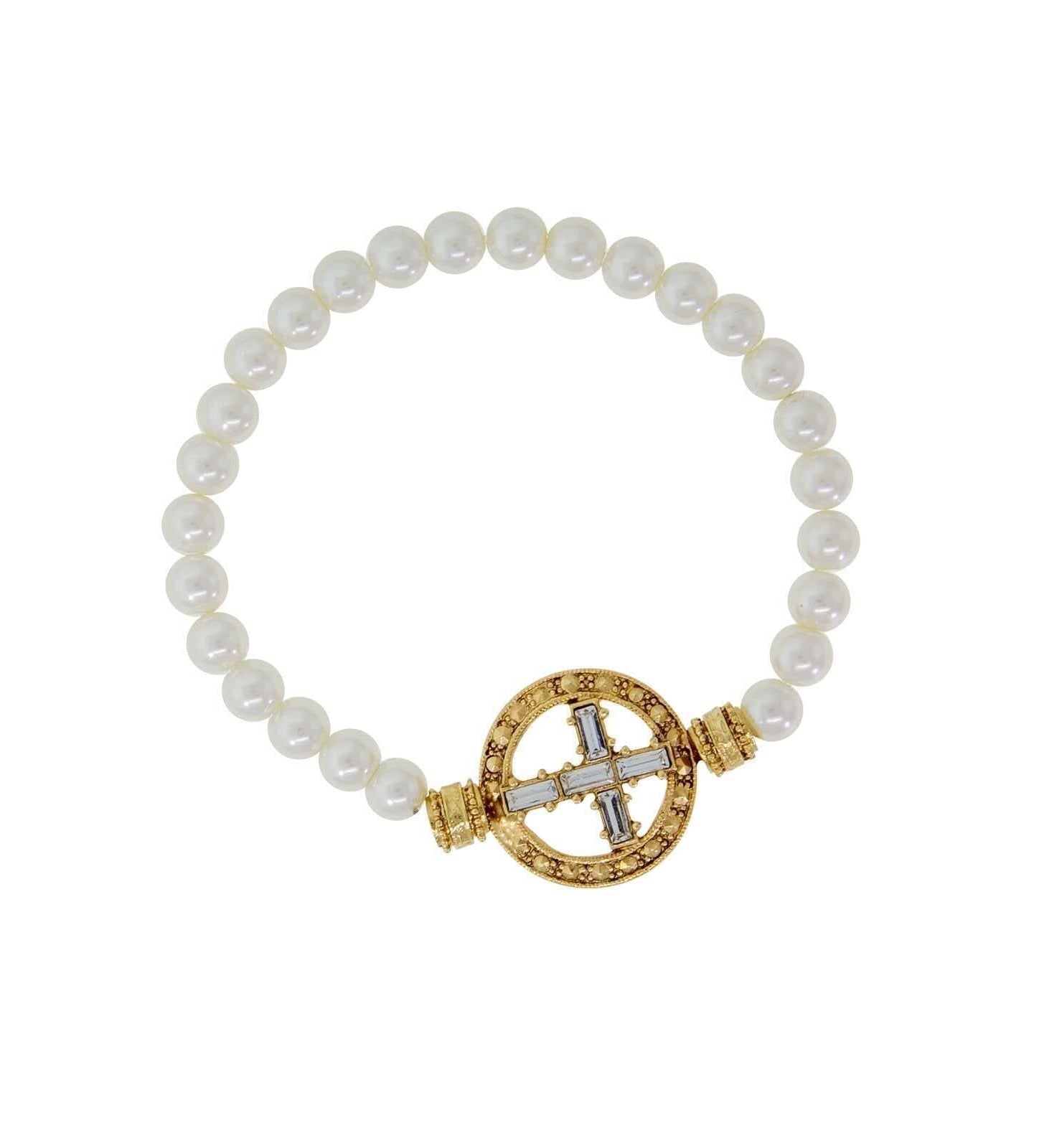 Symbols Of Faith Pewter Crystal Cross Faux Pearl Stretch Bracelet