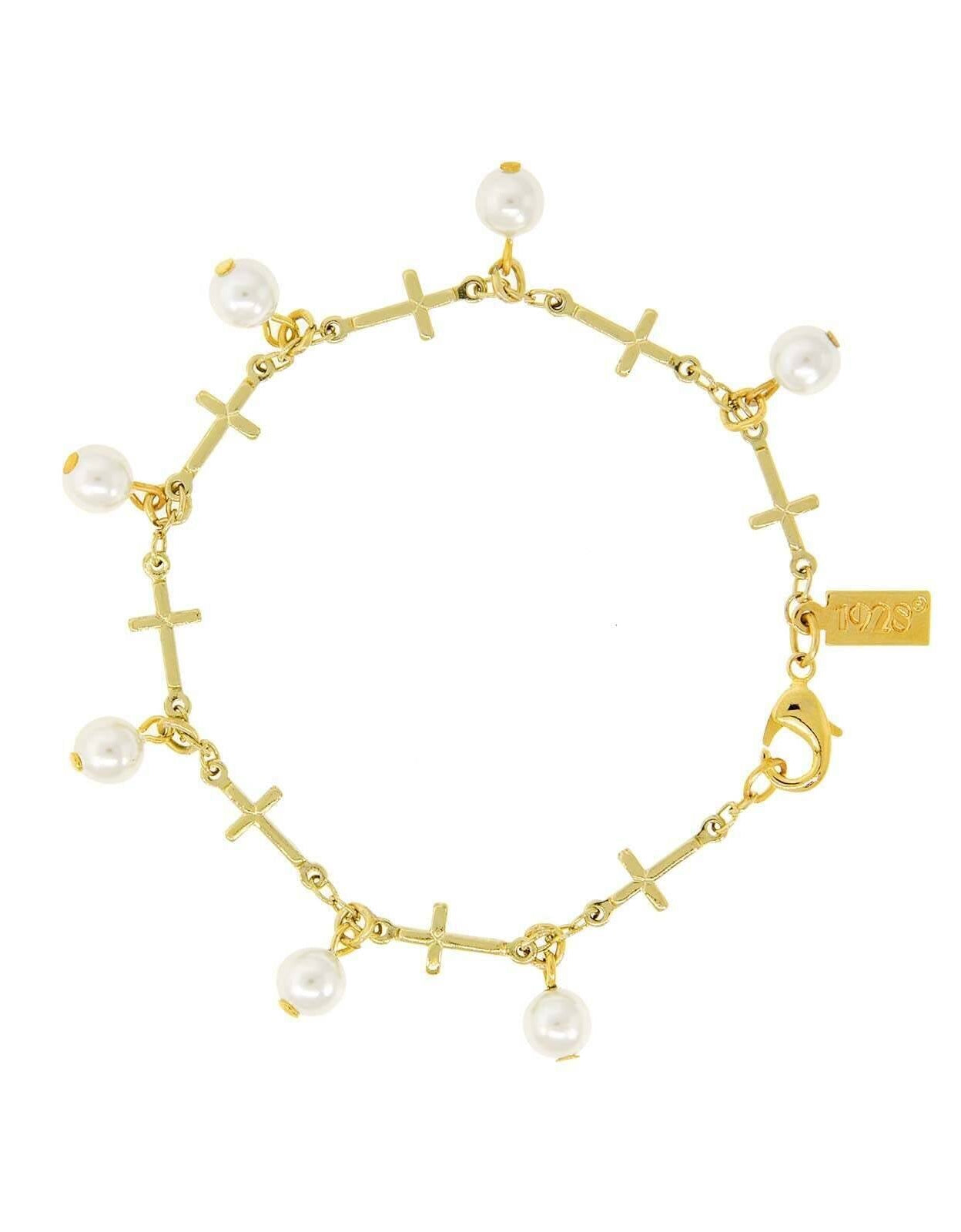 Symbols Of Faith Multi Cross Faux Pearl Link Bracelet