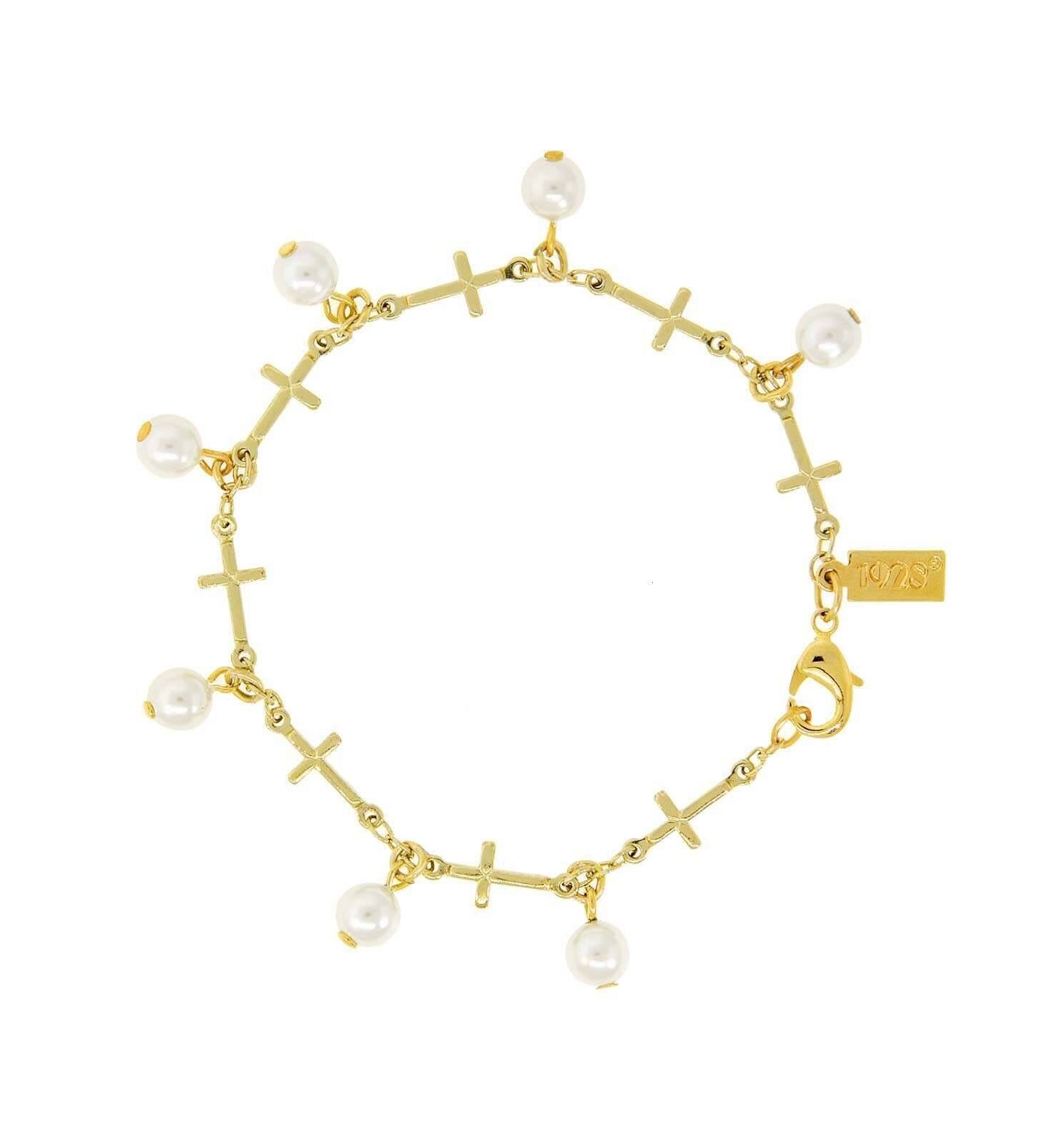 Symbols Of Faith Multi Cross Faux Pearl Link Bracelet