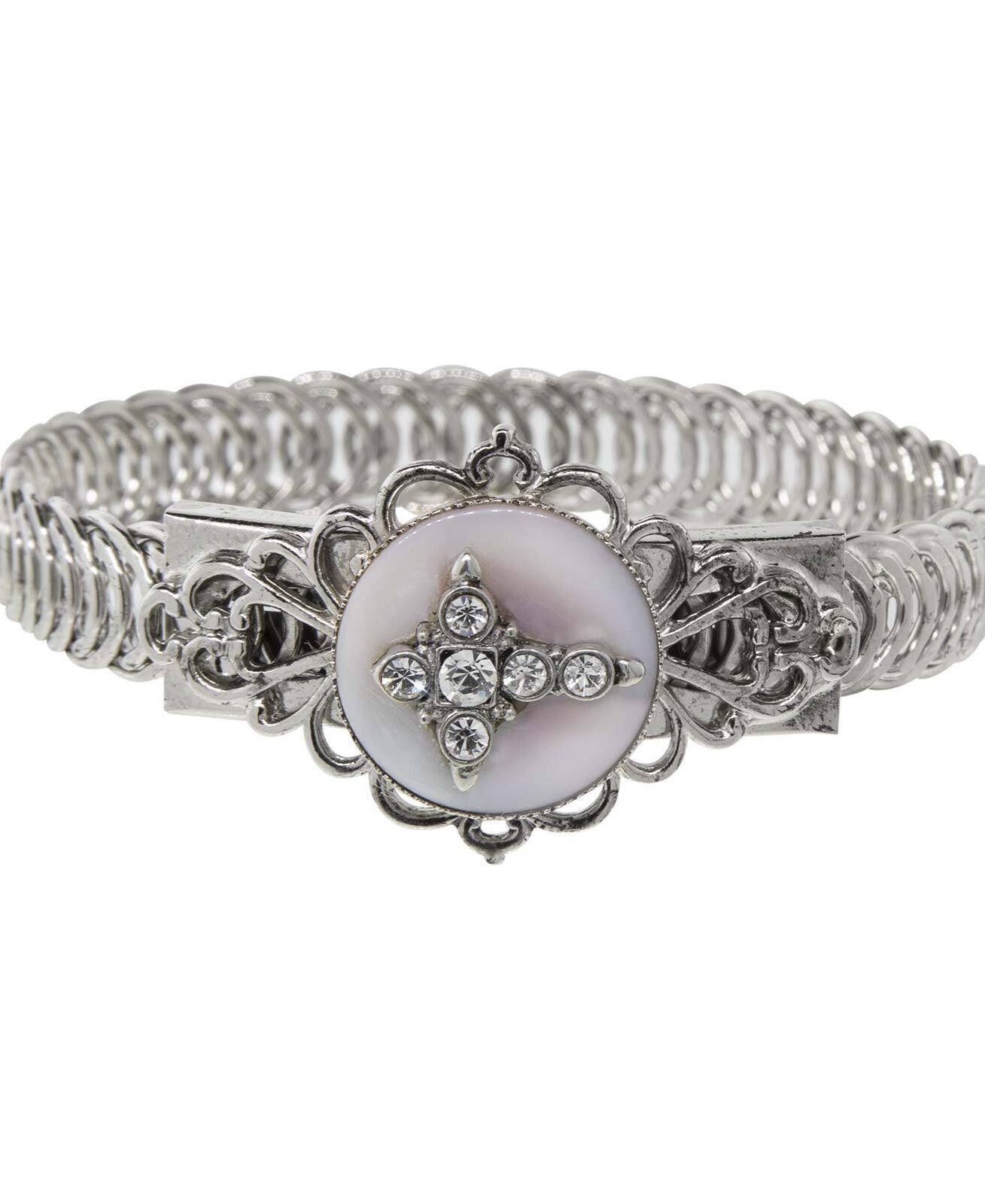 Symbols Of Faith Pewter Crystal Cross With Costume Mother Of Pearl Belt Bracelet