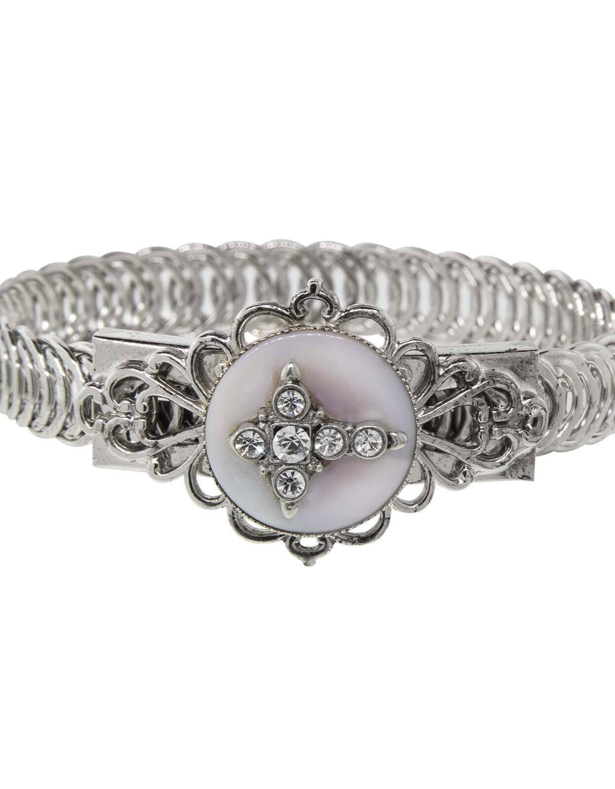 Symbols Of Faith Pewter Crystal Cross With Costume Mother Of Pearl Belt Bracelet