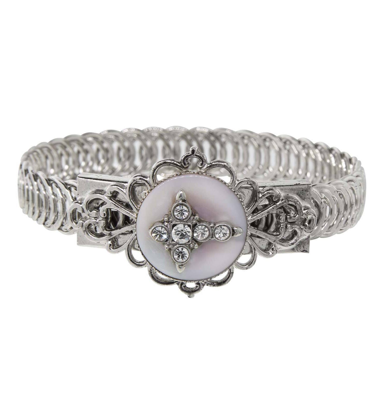 Symbols Of Faith Pewter Crystal Cross With Costume Mother Of Pearl Belt Bracelet