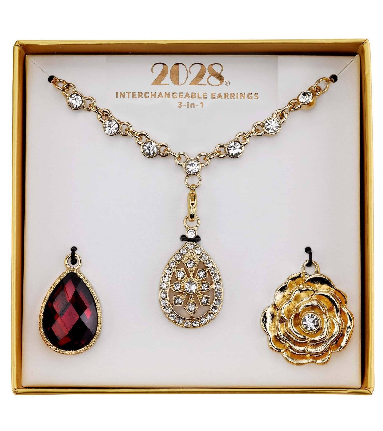 2028 Jewelry 3-In-1 Clear Crystal & Red Teardrop Interchangeable Necklace Set 16" + 3" Extender