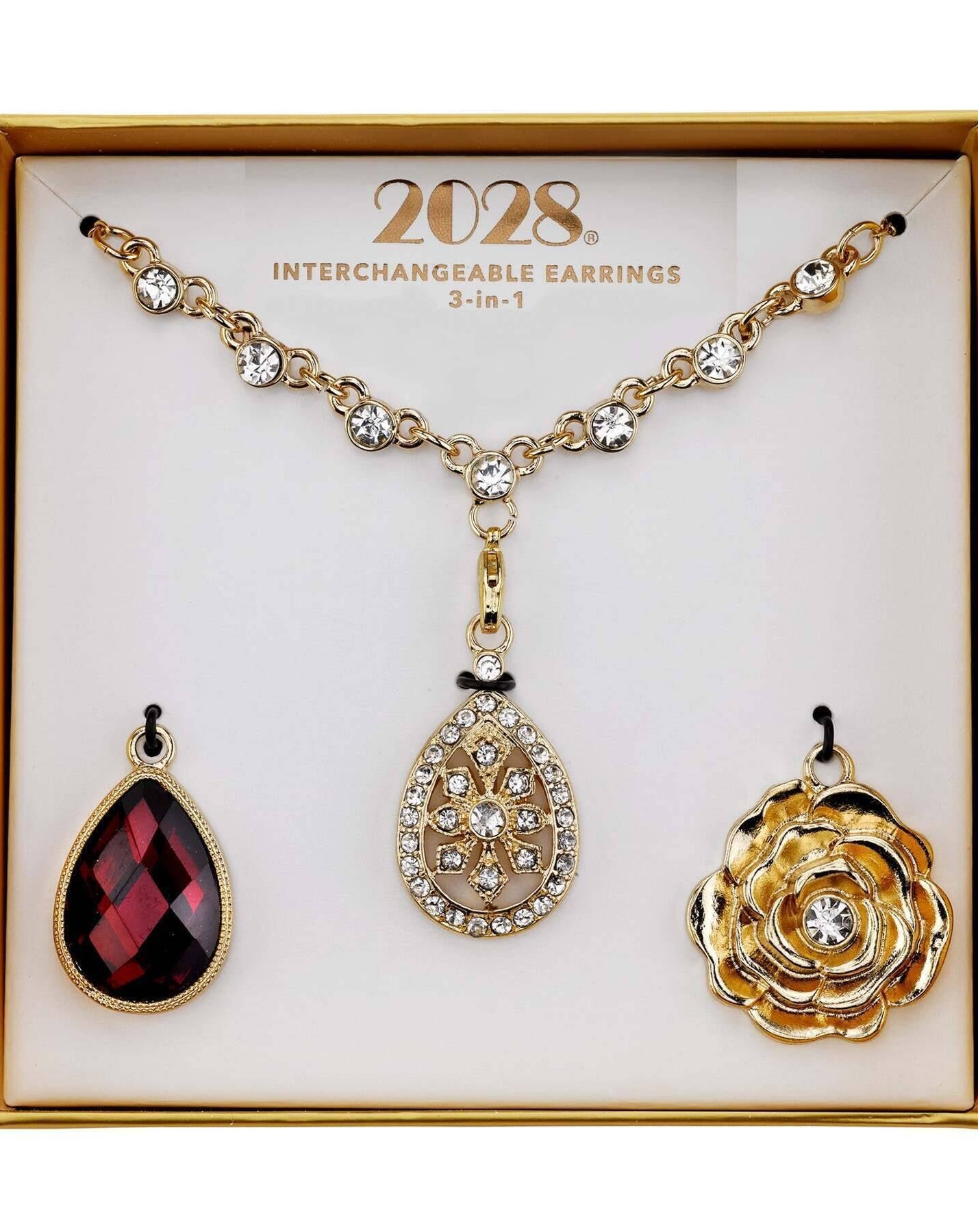 2028 Jewelry 3-In-1 Clear Crystal & Red Teardrop Interchangeable Necklace Set 16" + 3" Extender