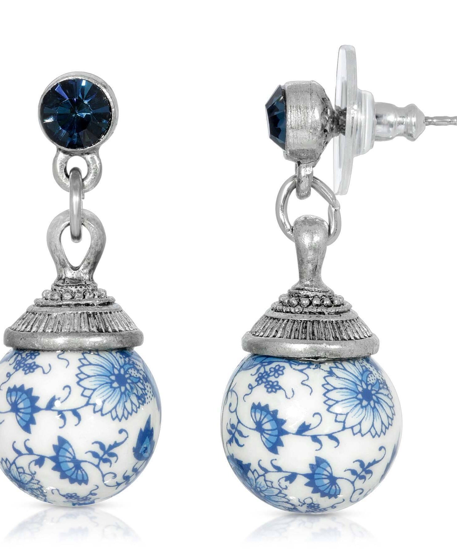1928 Jewelry Blue Willow Round Beaded Post Drop Earrings