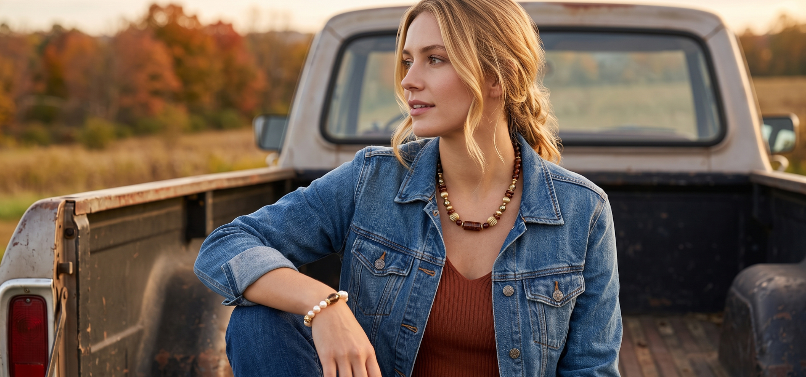 A woman sits in the bed of a pickup truck outdoors, wearing a blue denim jacket over a rust-colored top, with a chunky brown beaded necklace and bracelet. The background shows a blurred field and autumn trees at sunset.