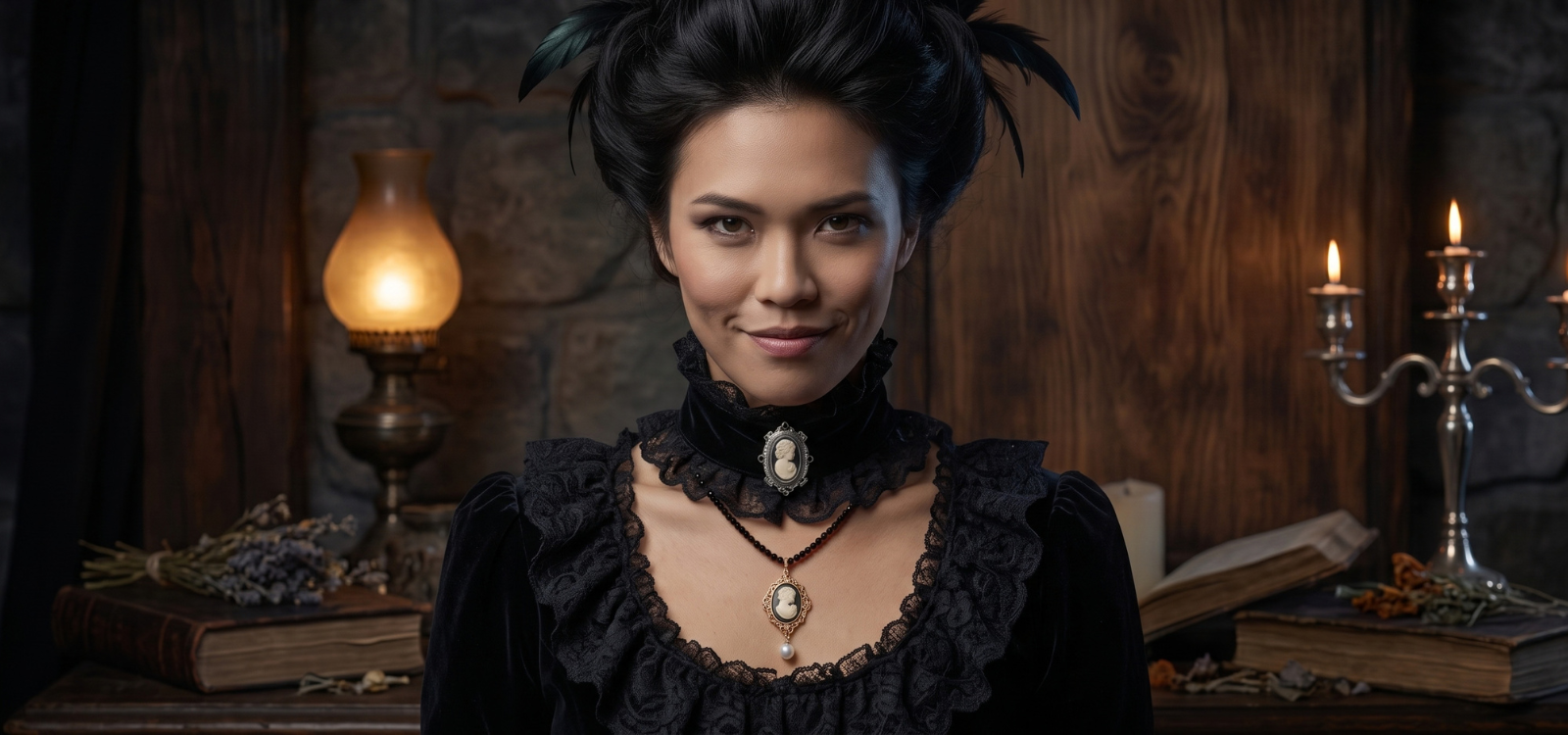 A woman is dressed as a vintage era witch for Halloween as she is wearing a black and ivory cameo brooch on her collar and a beaded faux pearl cameo drop pendant necklace.
