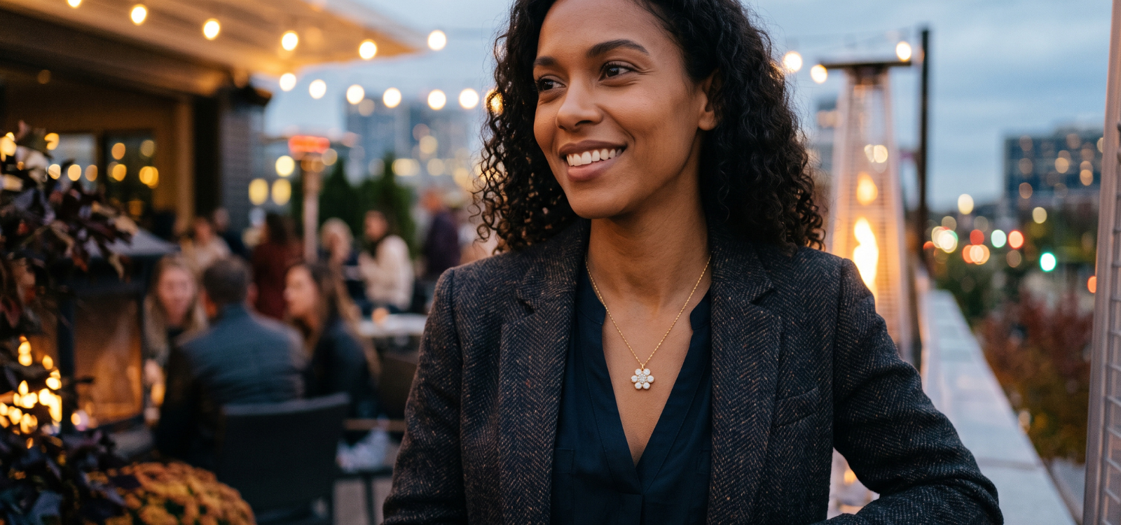A smiling woman with curly dark hair stands on a rooftop patio at dusk, wearing a dark textured blazer over a dark top and a small floral opal radiance pendant necklace.