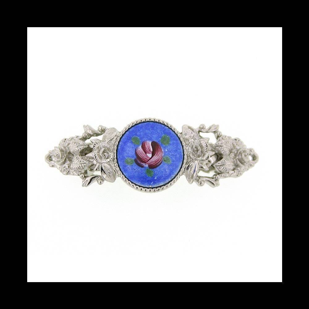 1928 Jewelry Round Blue Color And Pink Flower Decal Hair Barrette