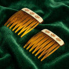 Brown Tortoise Floral Decal Hair Comb Set on a green fabric background
