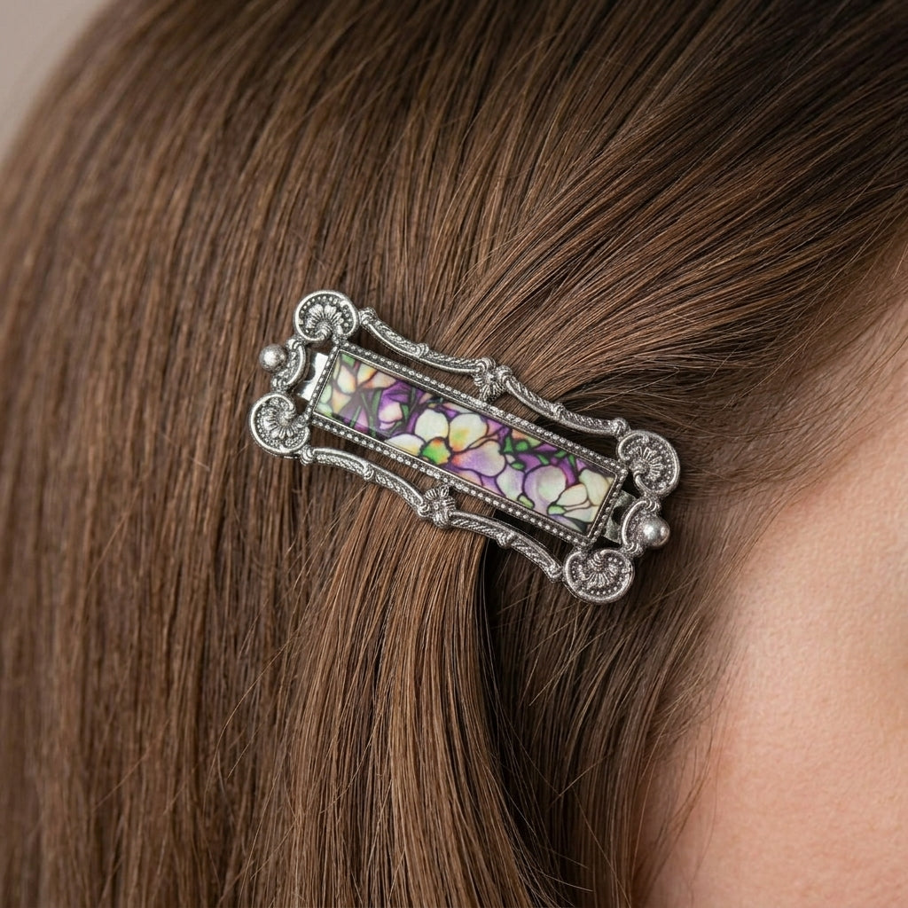 Multicolor Floral Antiqued Hair Barrette on a woman with brown hair