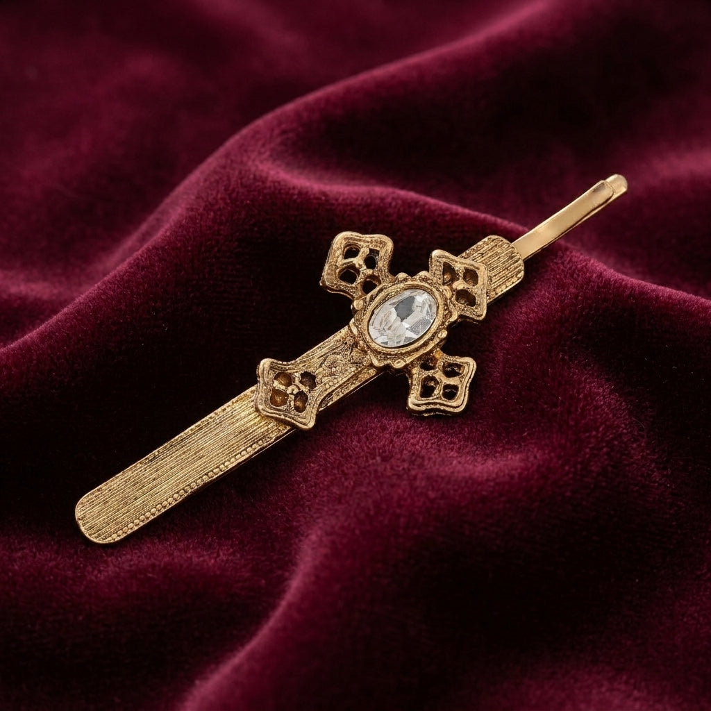 Gold tone Oval Glass Crystal Cross Bobby Pinon a burgundy velvet background